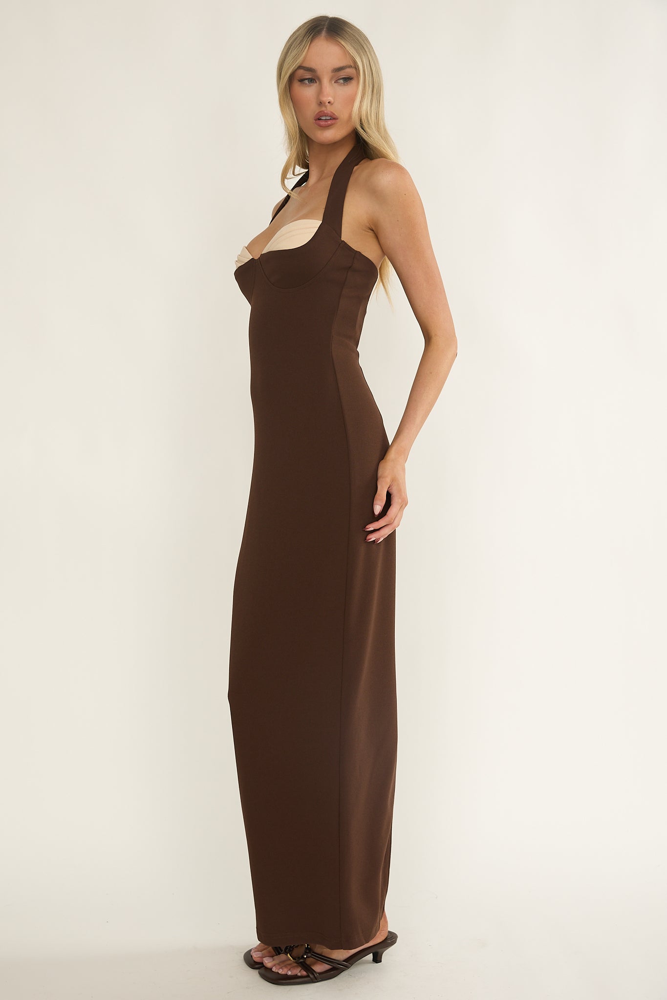 Briela Halter Bustier Maxi Dress Chocolate-Maymioy