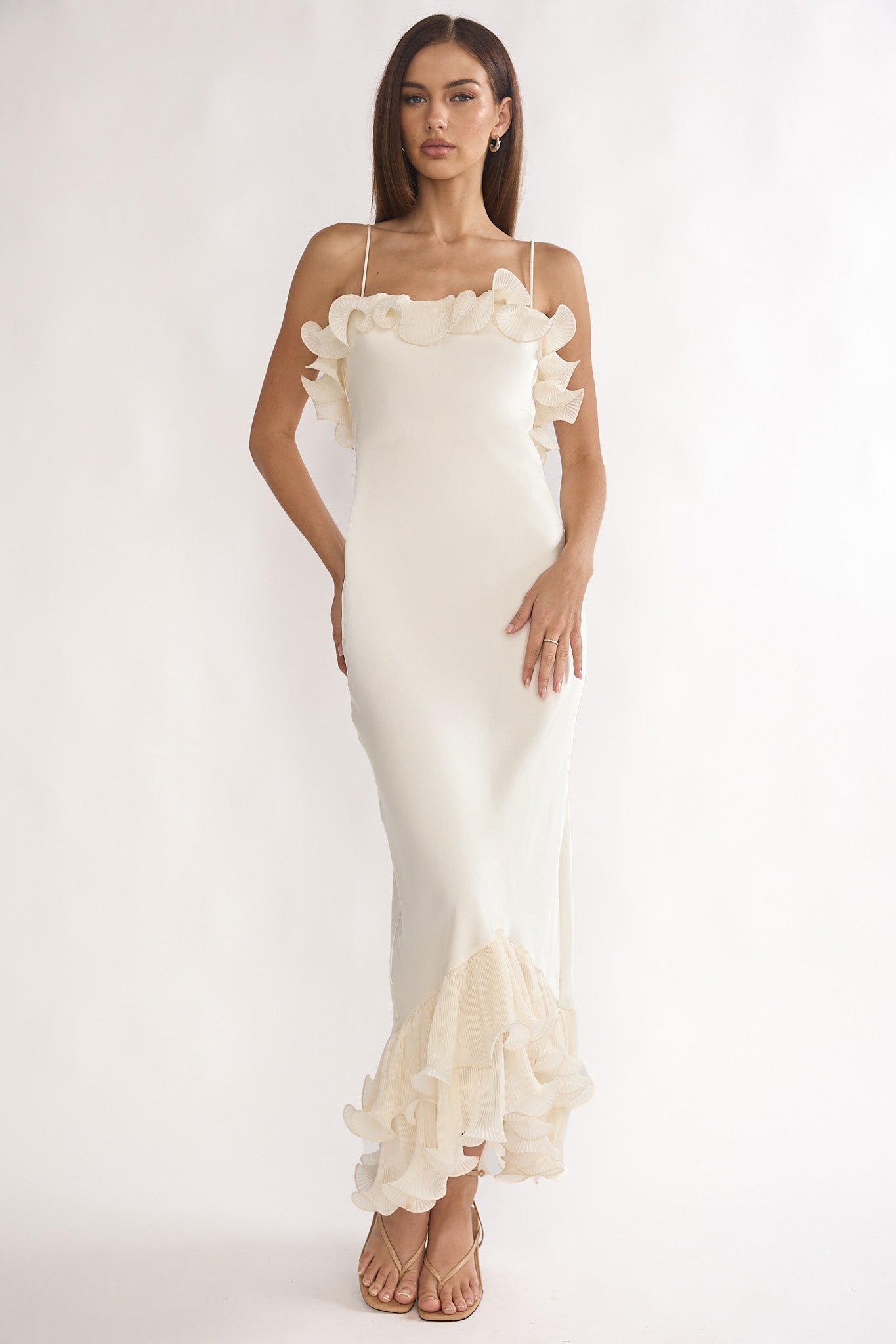 Okay, Cupid Low Back Ruffle Trim Maxi Dress Oyster-Maymioy