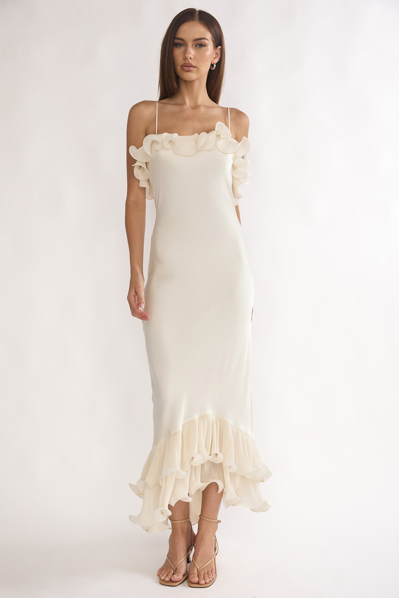 Okay, Cupid Low Back Ruffle Trim Maxi Dress Oyster-Maymioy