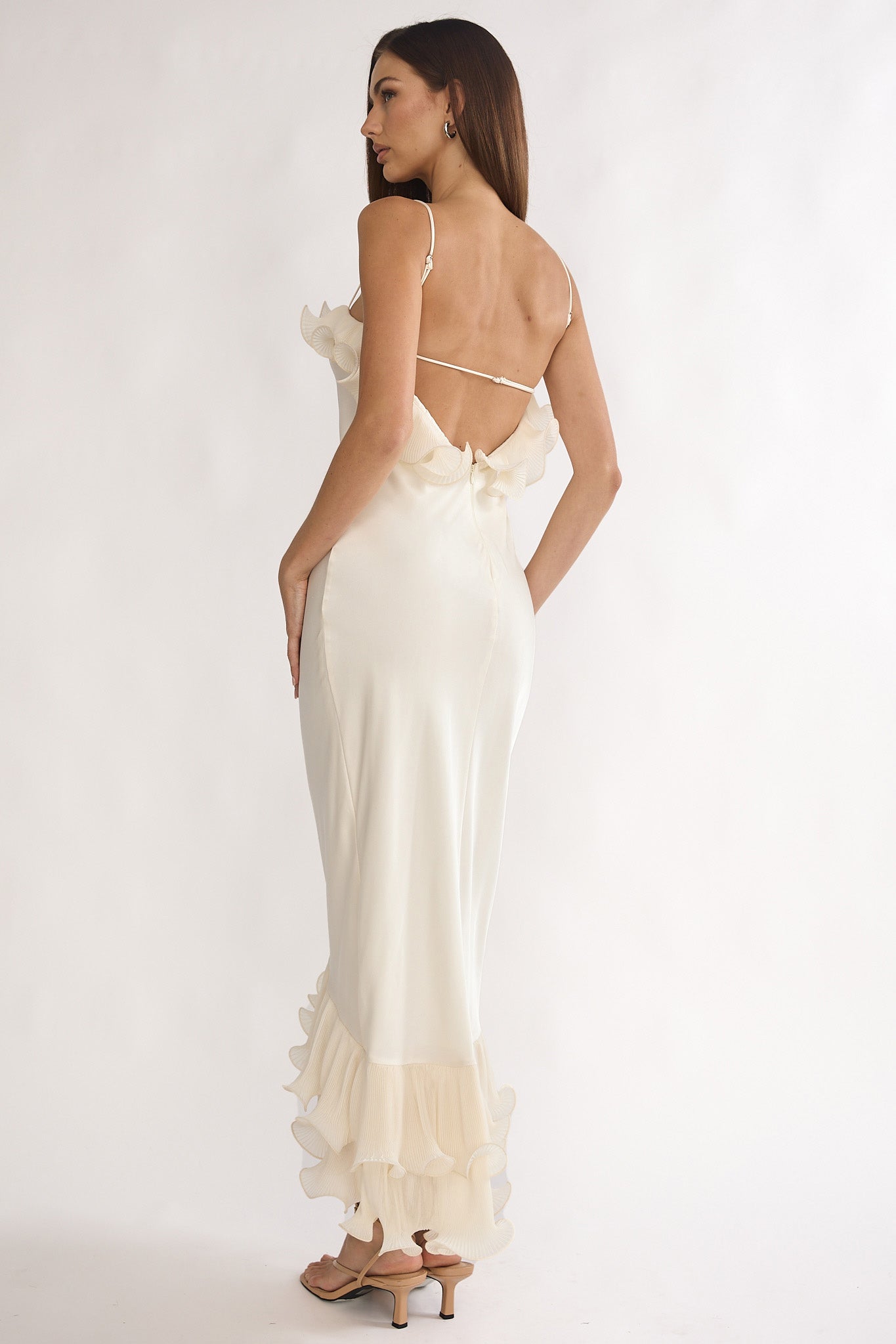 Okay, Cupid Low Back Ruffle Trim Maxi Dress Oyster-Maymioy