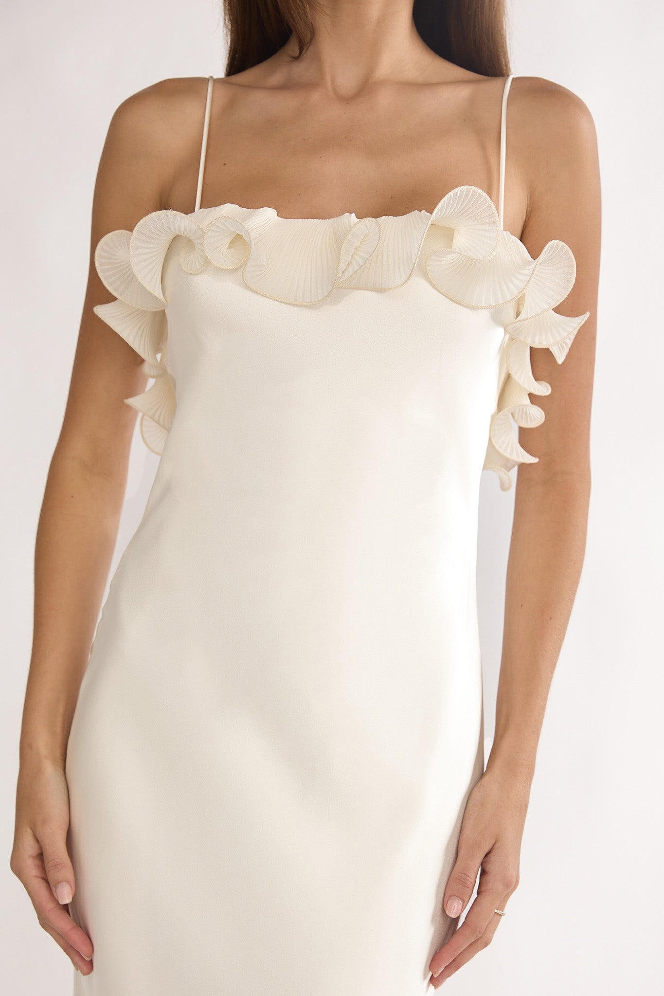 Okay, Cupid Low Back Ruffle Trim Maxi Dress Oyster-Maymioy