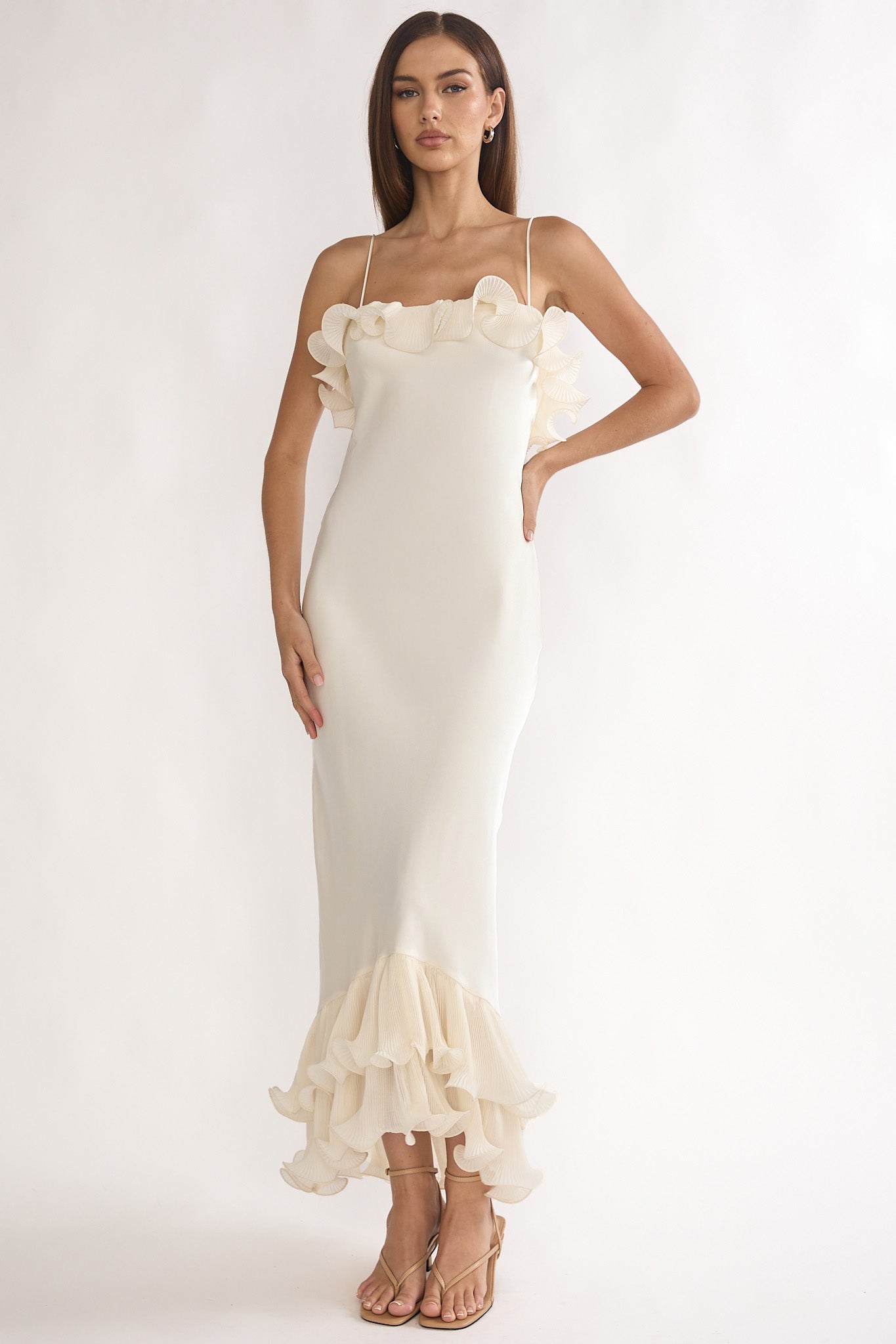 Okay, Cupid Low Back Ruffle Trim Maxi Dress Oyster-Maymioy