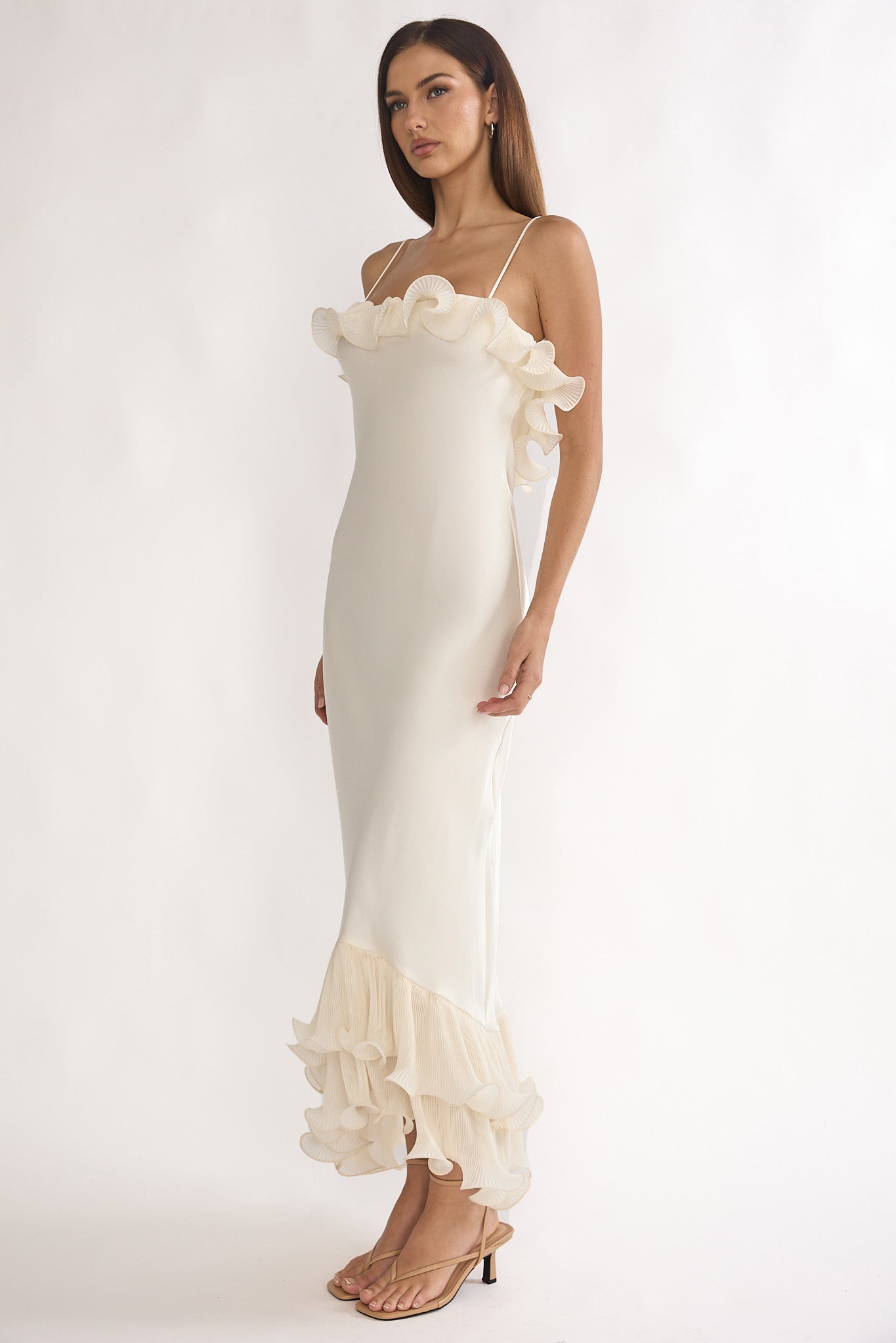 Okay, Cupid Low Back Ruffle Trim Maxi Dress Oyster-Maymioy