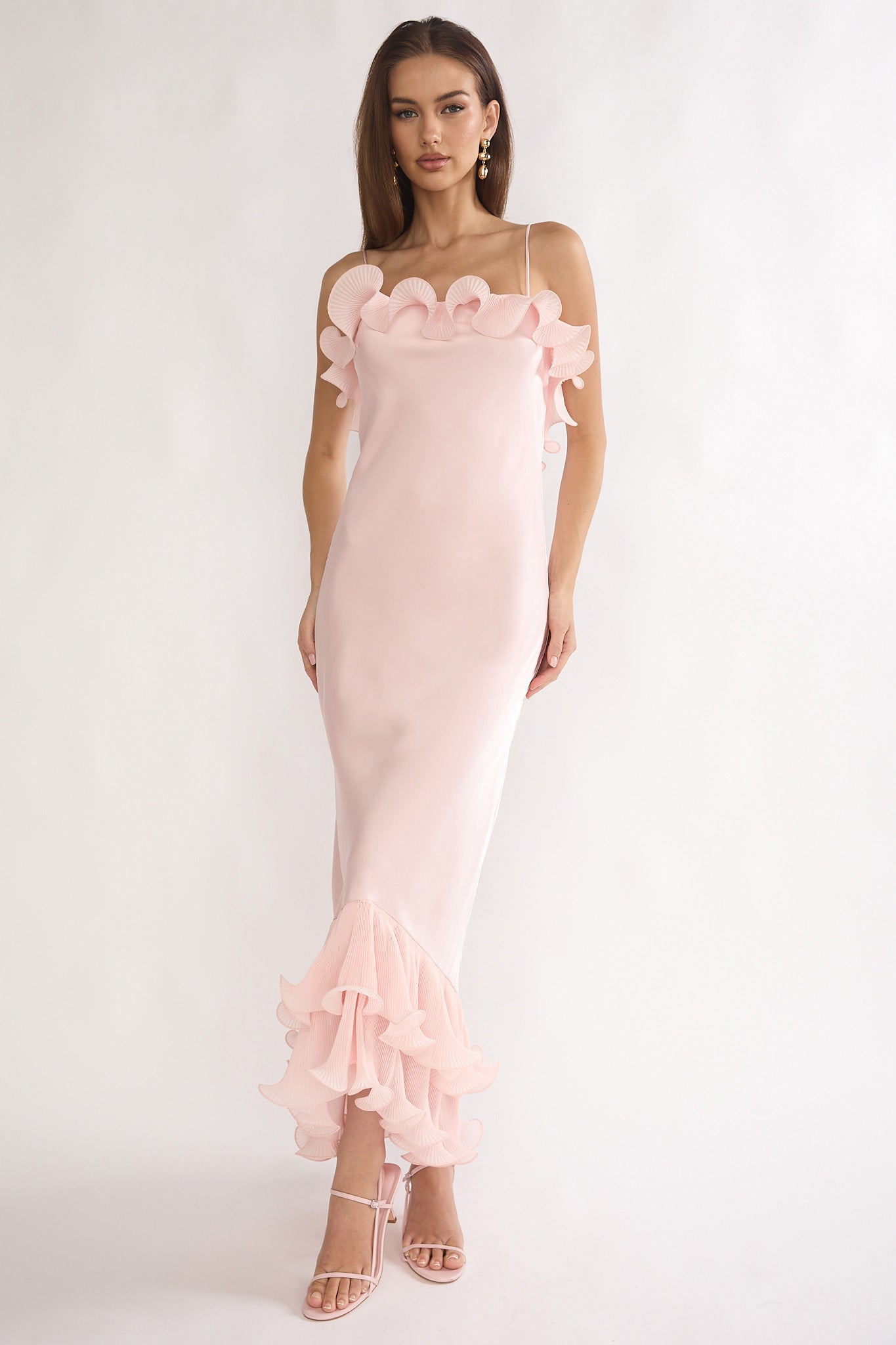Okay, Cupid Low Back Ruffle Trim Maxi Dress Pink-Maymioy