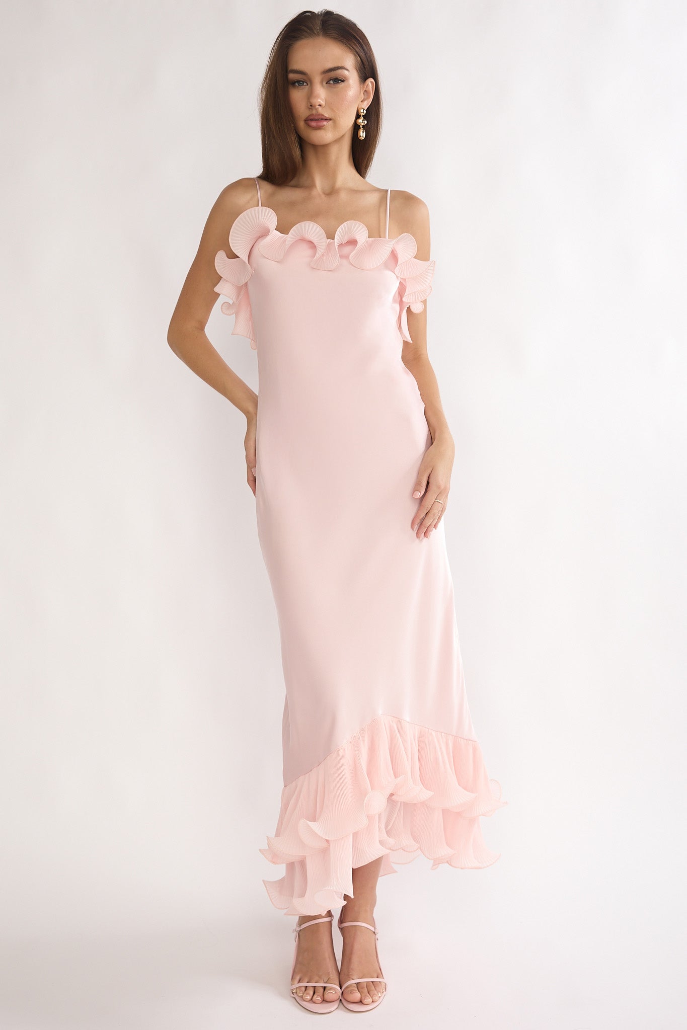 Okay, Cupid Low Back Ruffle Trim Maxi Dress Pink-Maymioy