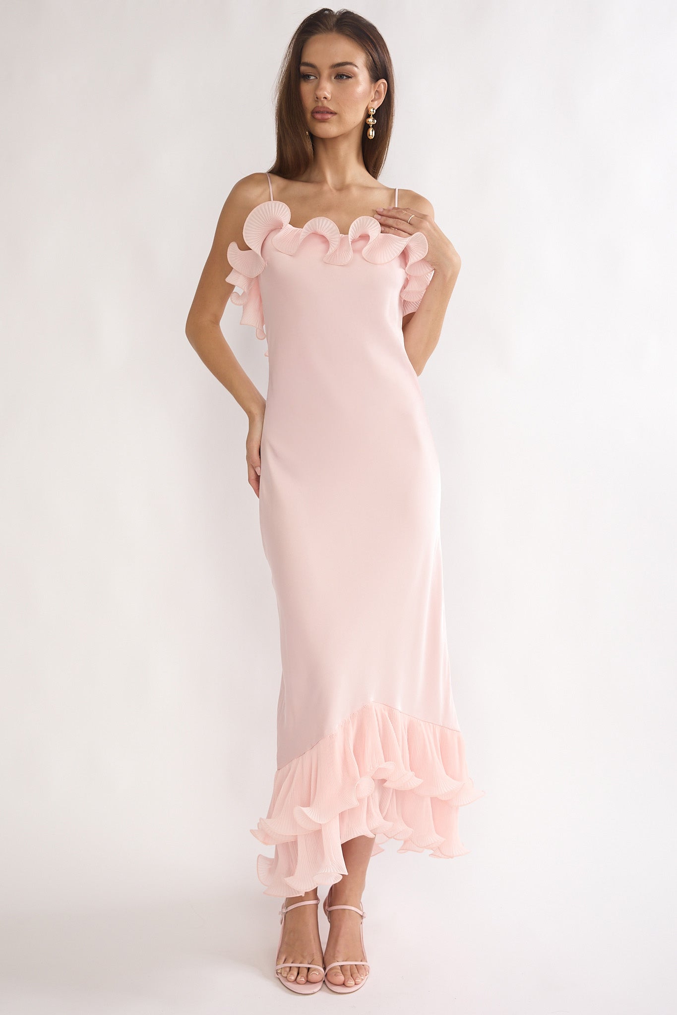 Okay, Cupid Low Back Ruffle Trim Maxi Dress Pink-Maymioy