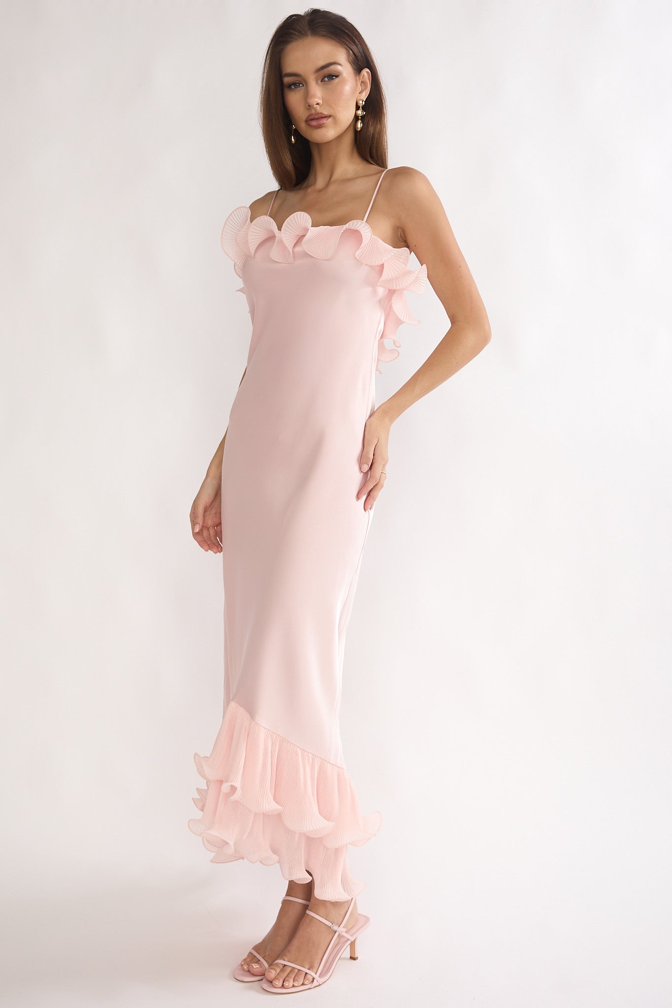 Okay, Cupid Low Back Ruffle Trim Maxi Dress Pink-Maymioy