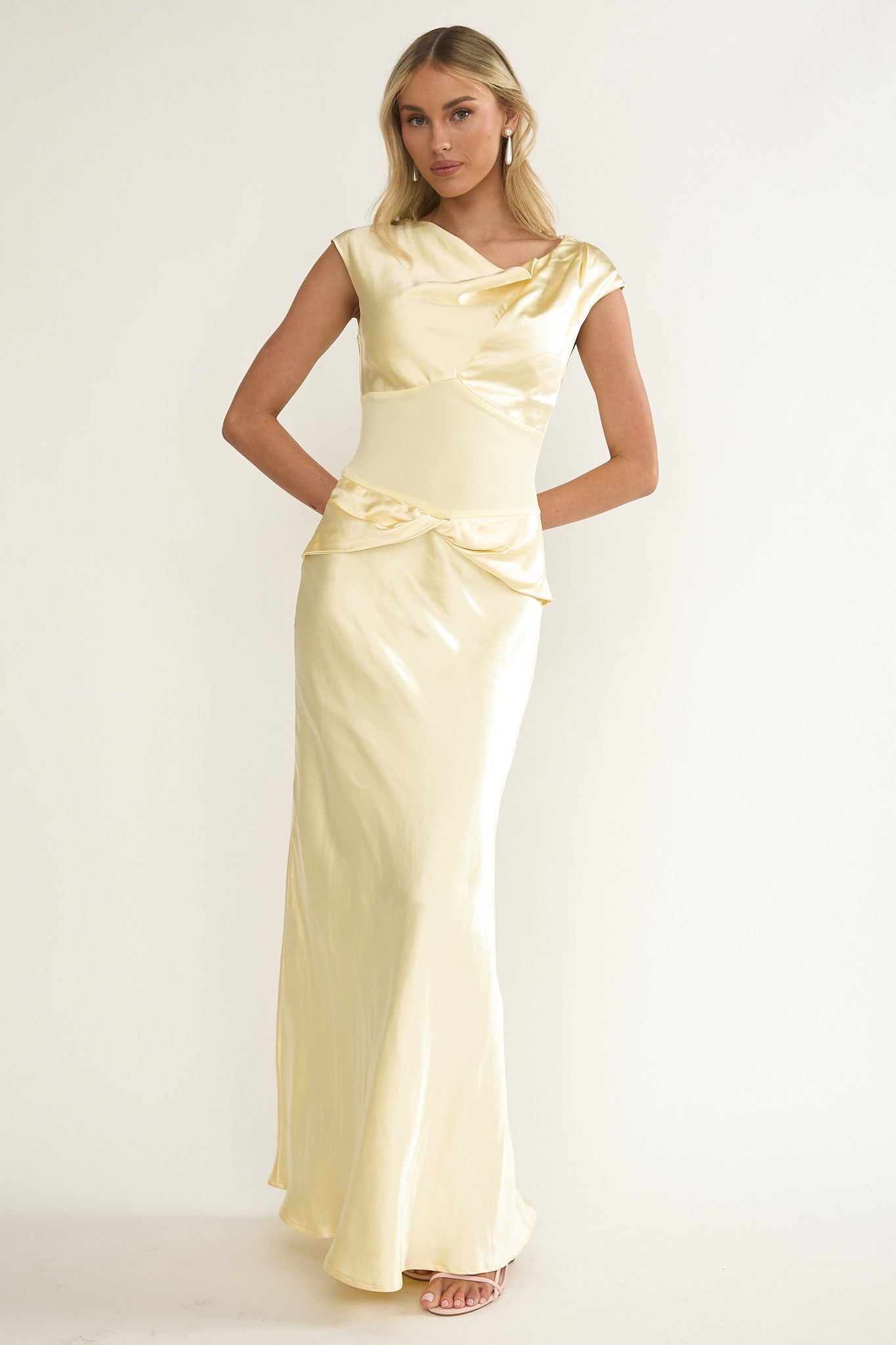 Tahlia Rae Mesh Waist Cap Sleeve Maxi Dress Butter-Maymioy