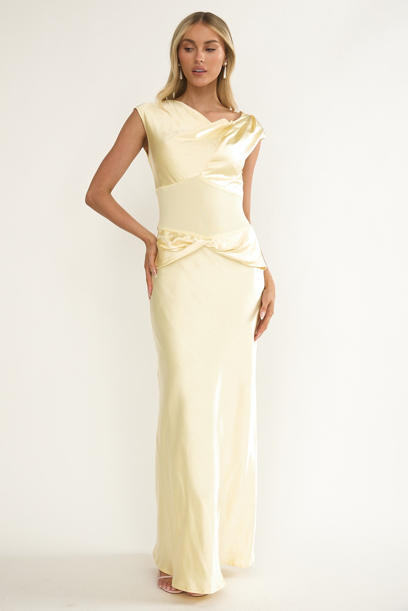 Tahlia Rae Mesh Waist Cap Sleeve Maxi Dress Butter-Maymioy