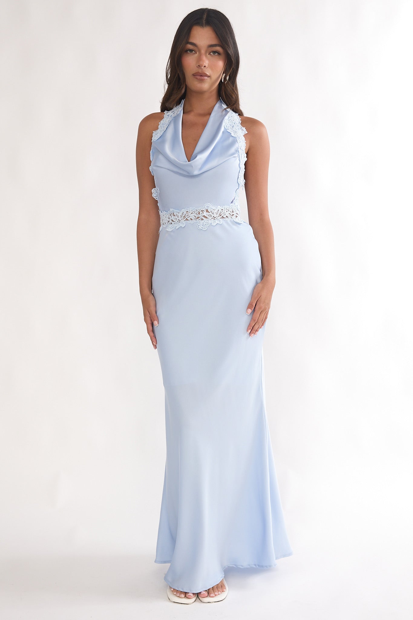 Scotlyn Applique Trim Halter Maxi Dress Blue-Maymioy