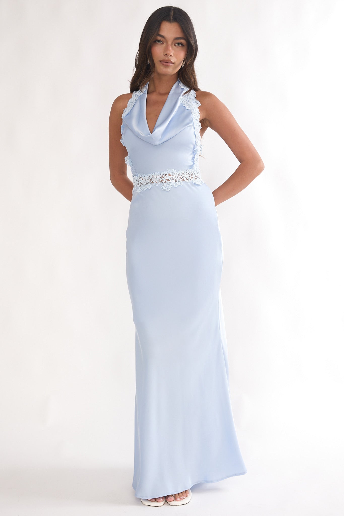 Scotlyn Applique Trim Halter Maxi Dress Blue-Maymioy