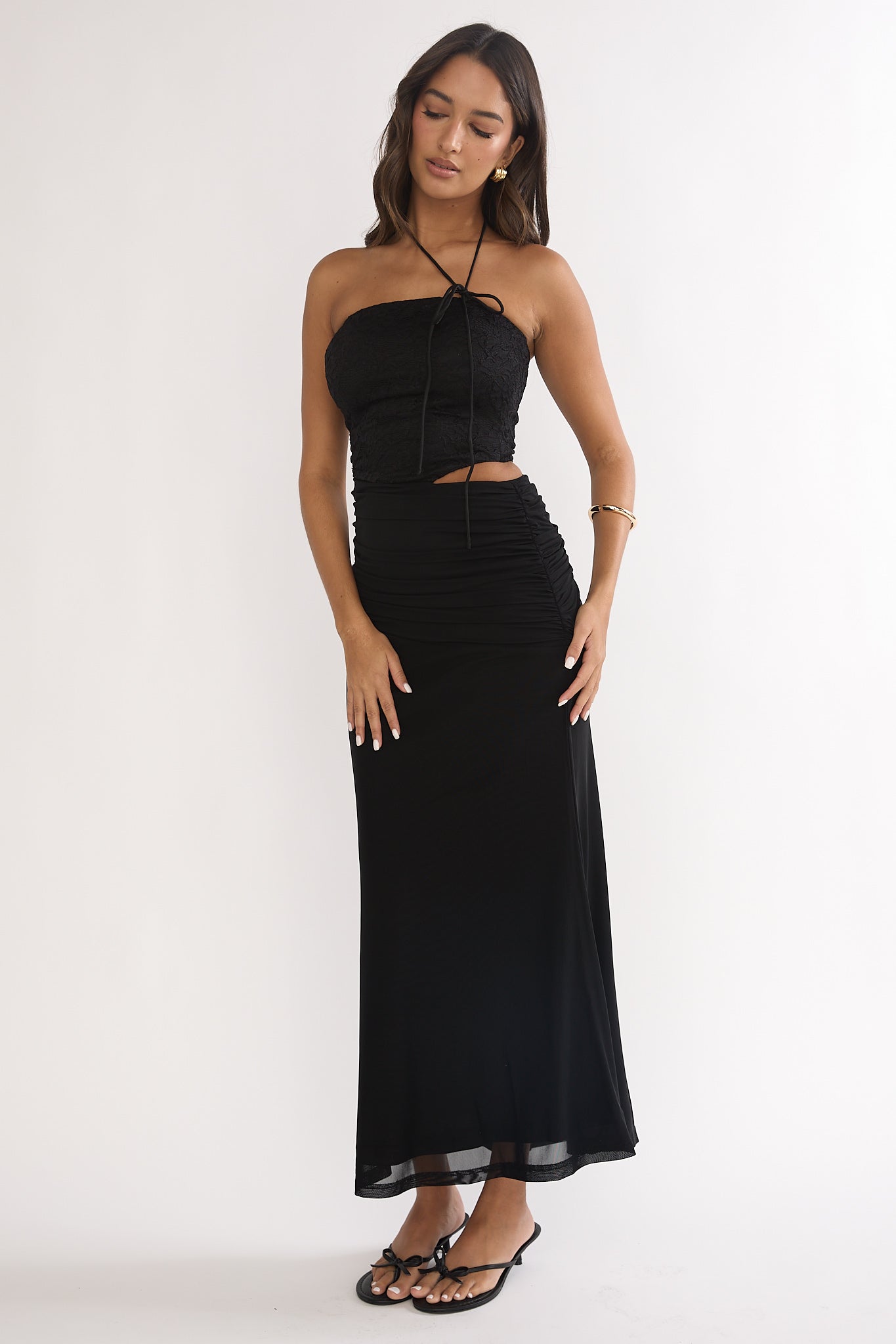 Truths Cut-Out Waist Ruched Maxi Dress Black-Maymioy