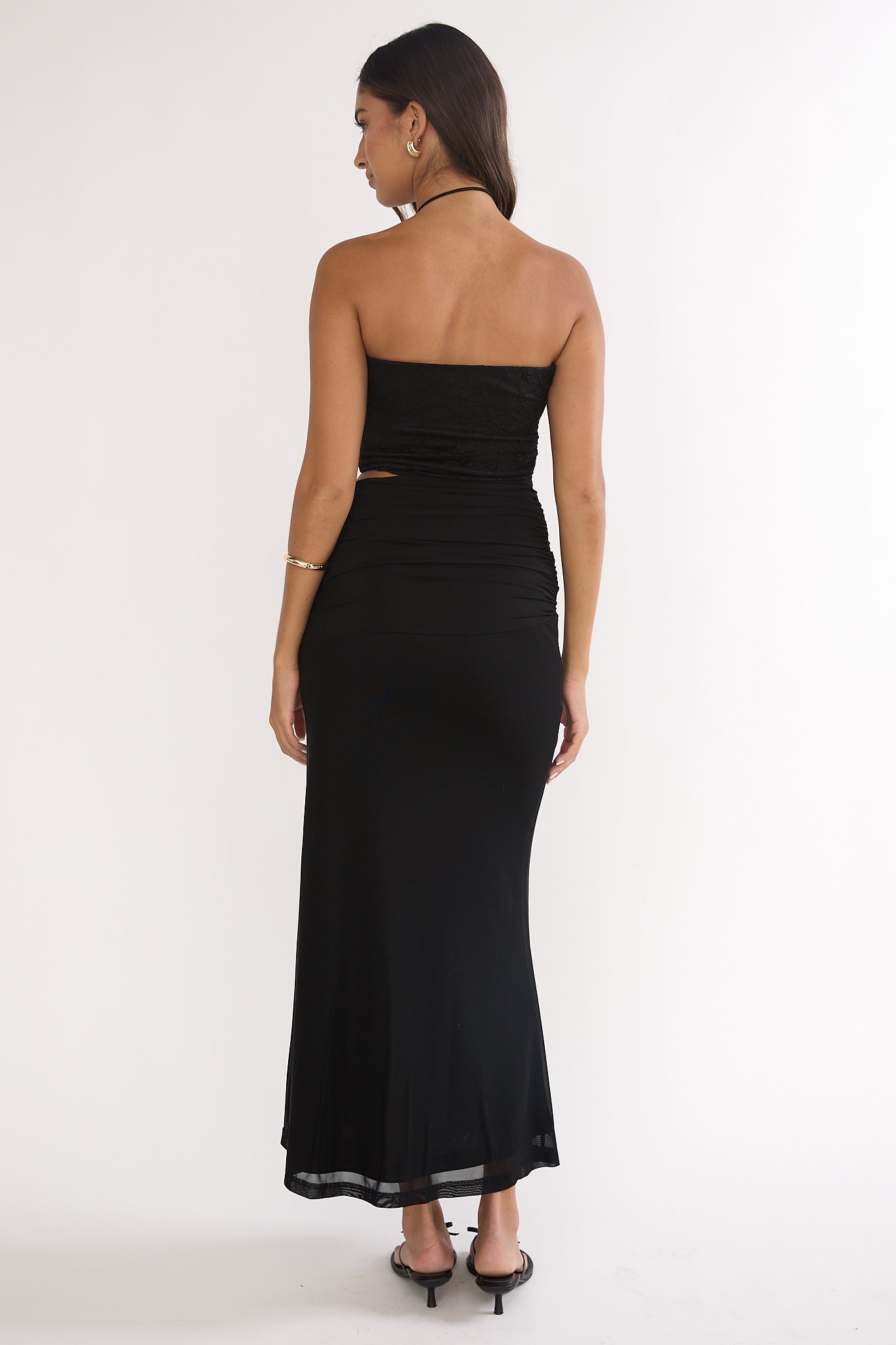 Truths Cut-Out Waist Ruched Maxi Dress Black-Maymioy
