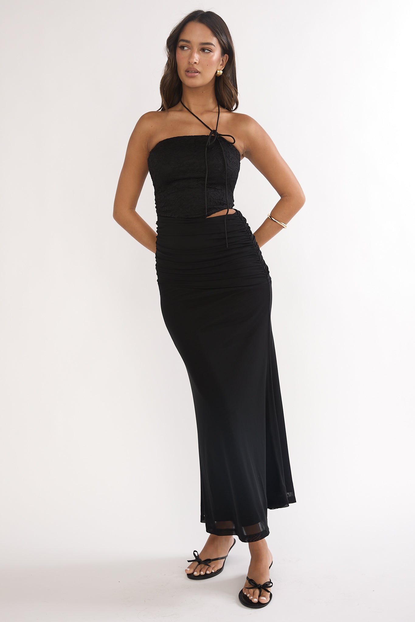 Truths Cut-Out Waist Ruched Maxi Dress Black-Maymioy
