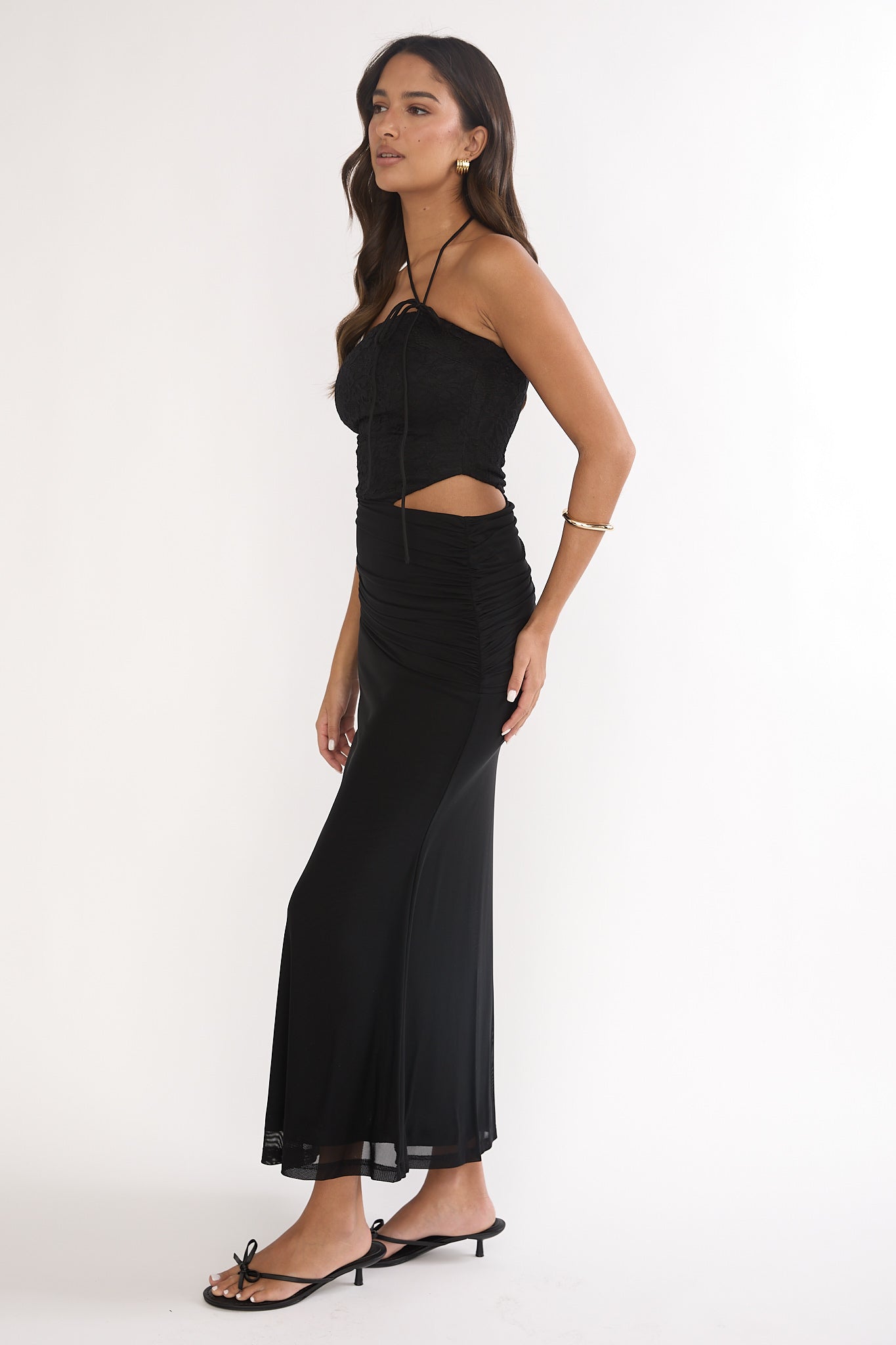 Truths Cut-Out Waist Ruched Maxi Dress Black-Maymioy
