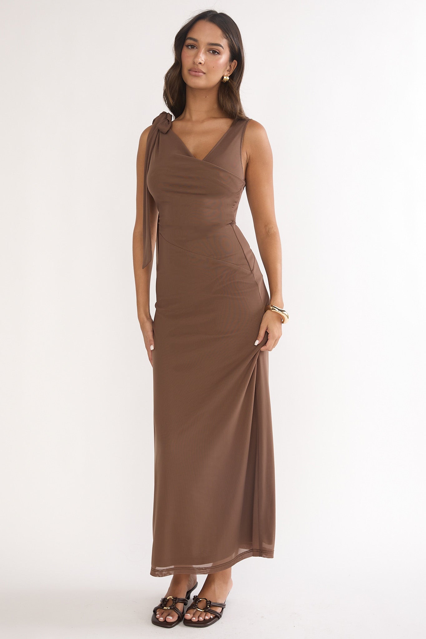 Cavelle Tie Shoulder Mesh Maxi Dress Chocolate-Maymioy