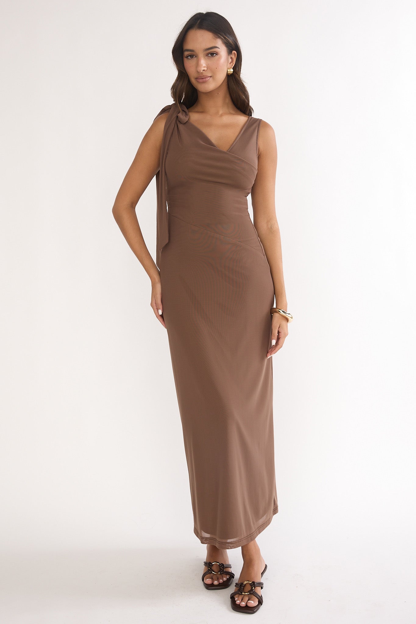 Cavelle Tie Shoulder Mesh Maxi Dress Chocolate-Maymioy
