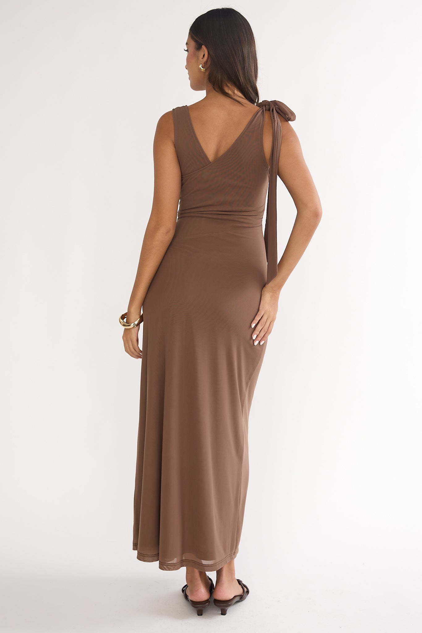 Cavelle Tie Shoulder Mesh Maxi Dress Chocolate-Maymioy
