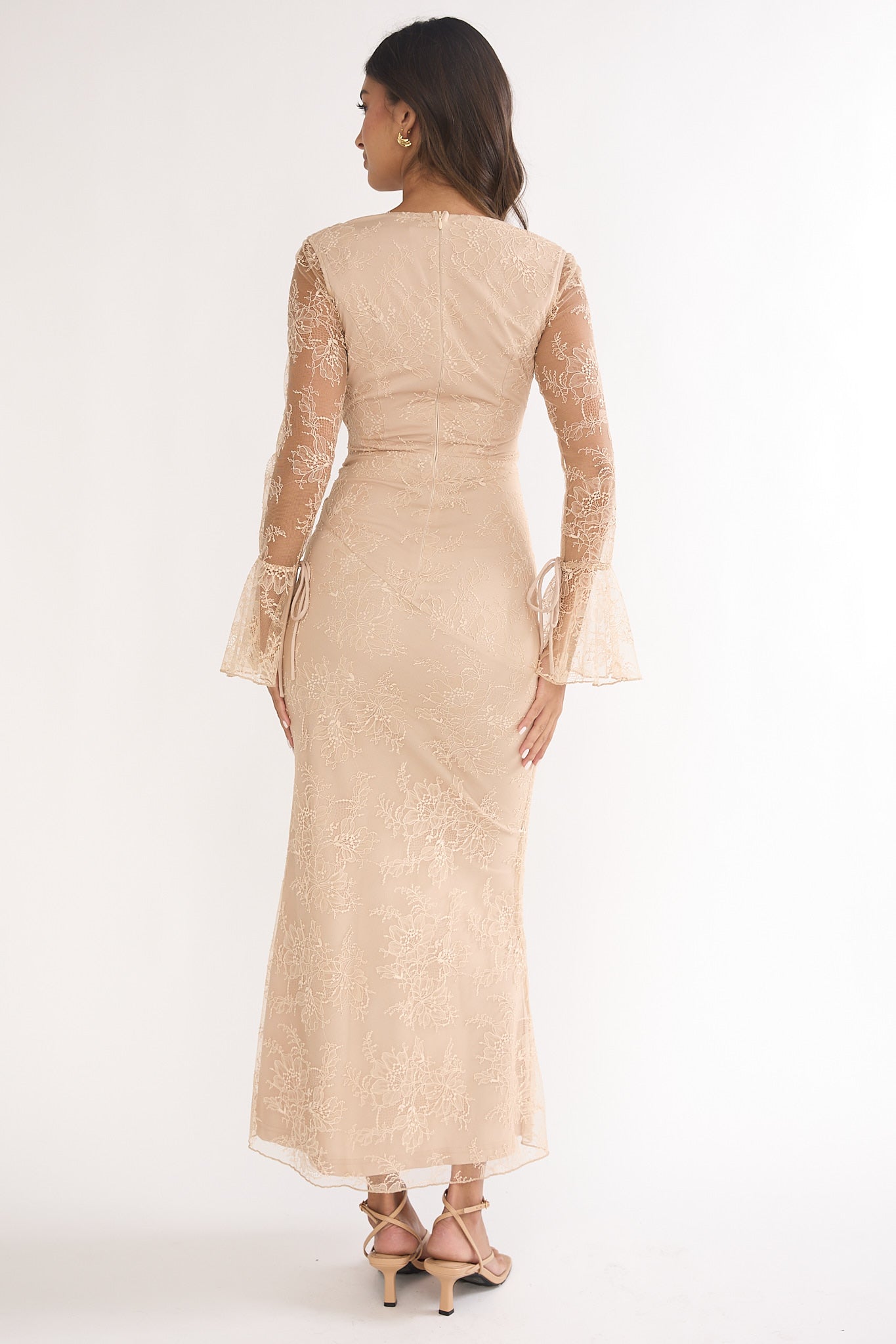 Lysandra Flared Cuff Maxi Dress Lace Beige-Maymioy