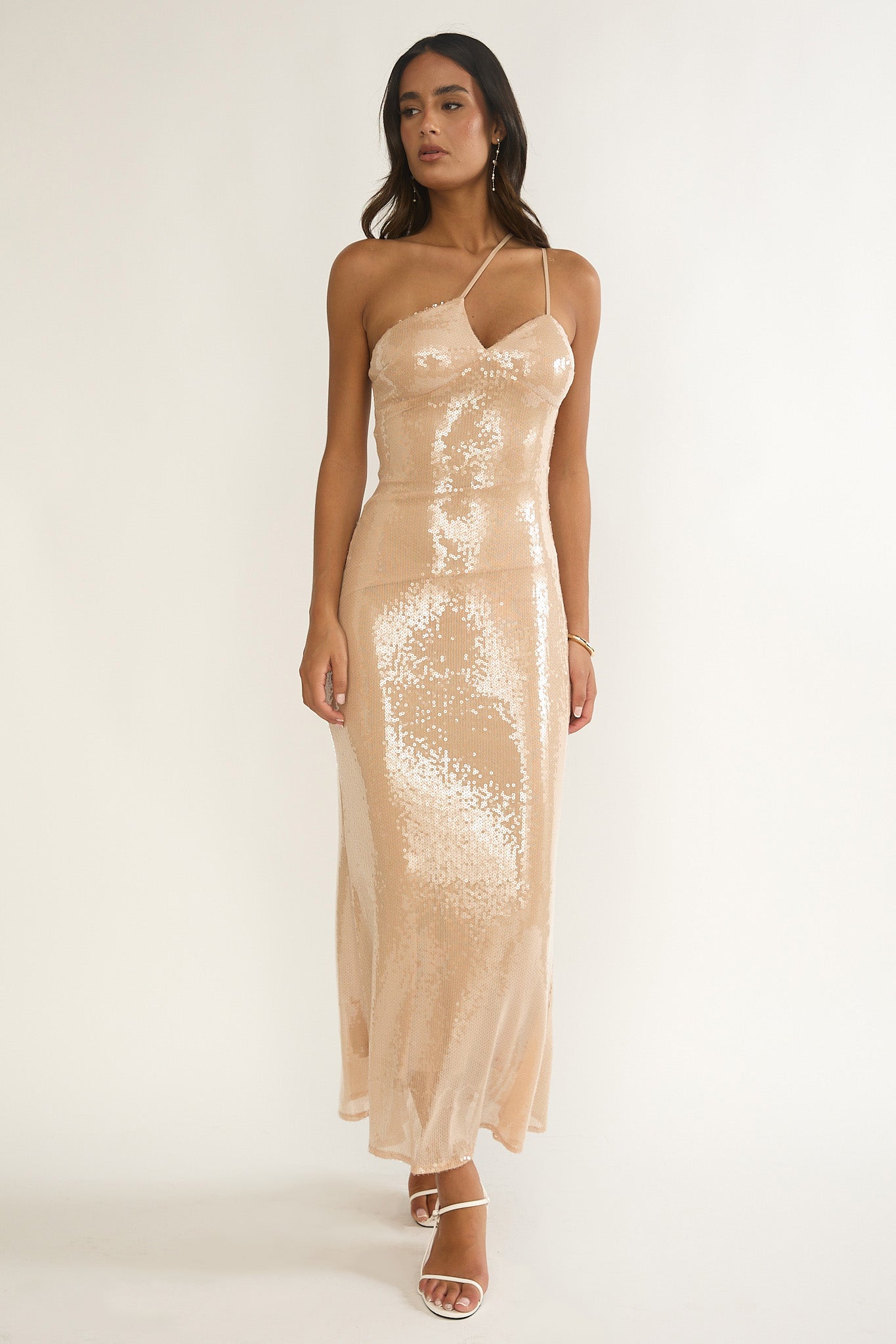 Roselyn One-Shoulder Sequin Maxi Dress Latte-Maymioy