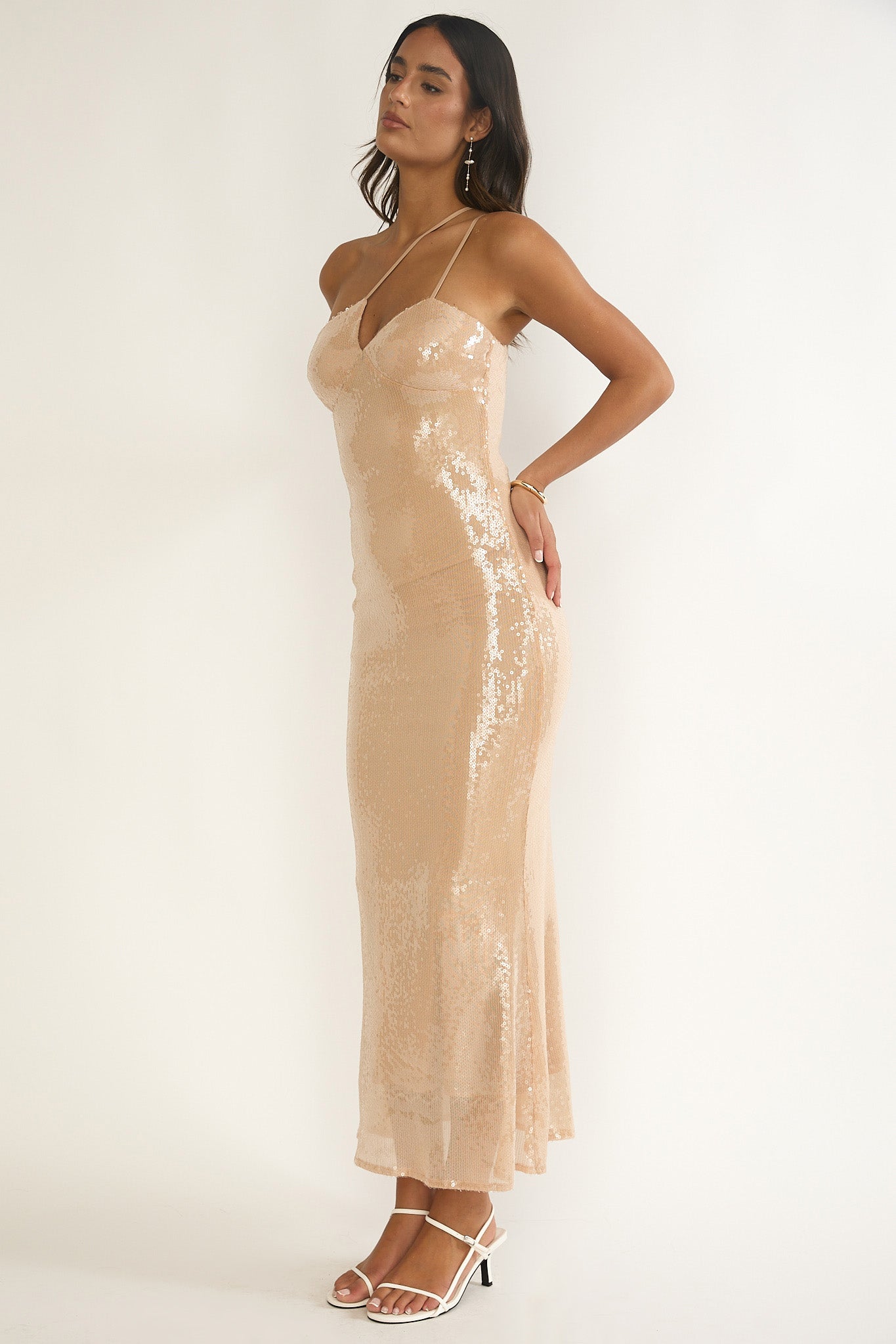 Roselyn One-Shoulder Sequin Maxi Dress Latte-Maymioy