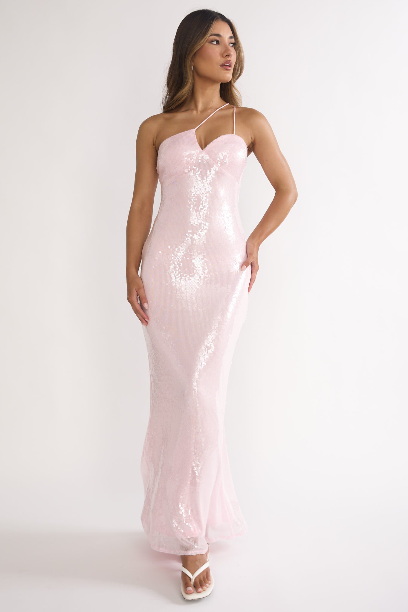Roselyn One-Shoulder Sequin Maxi Dress Pink-Maymioy