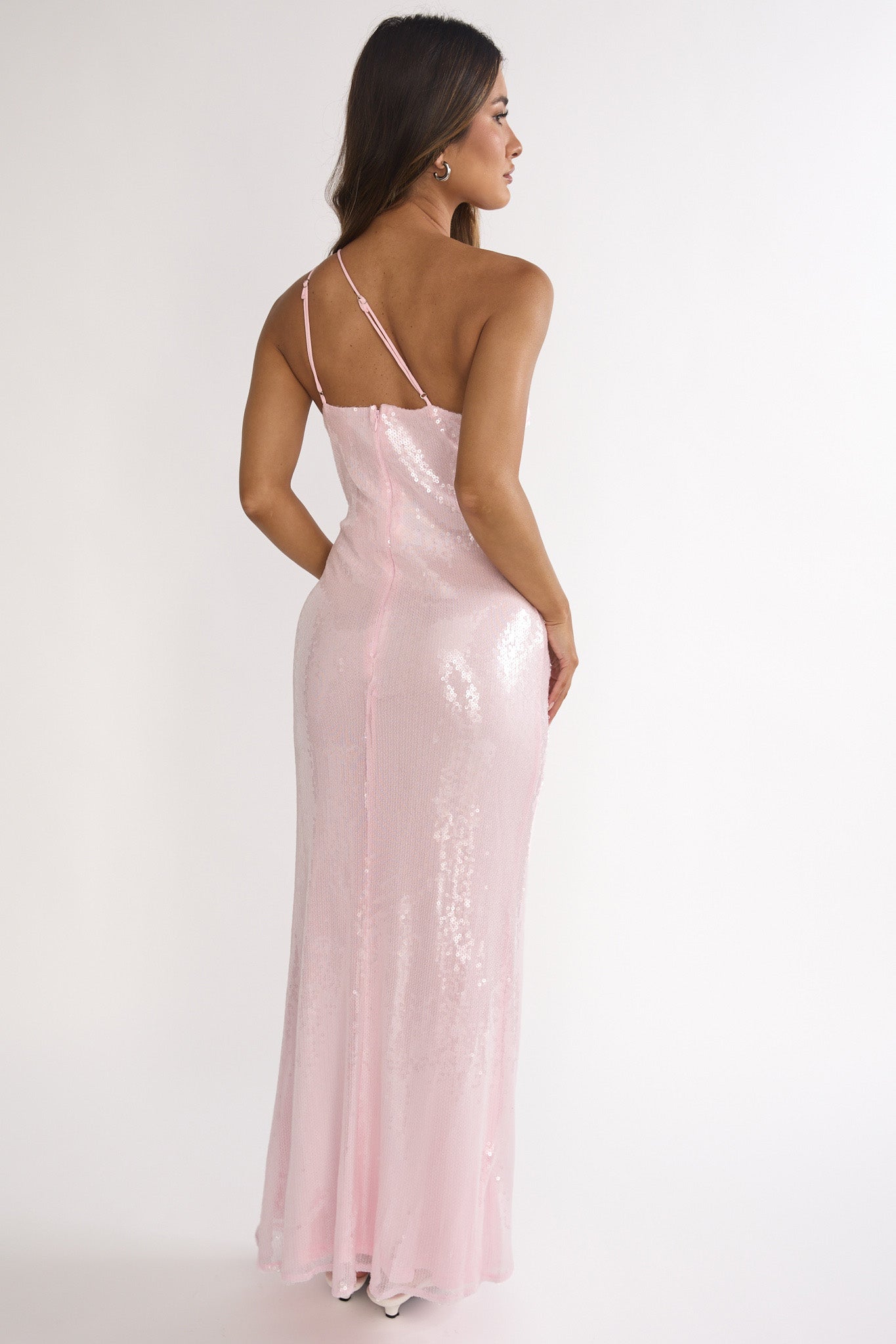 Roselyn One-Shoulder Sequin Maxi Dress Pink-Maymioy