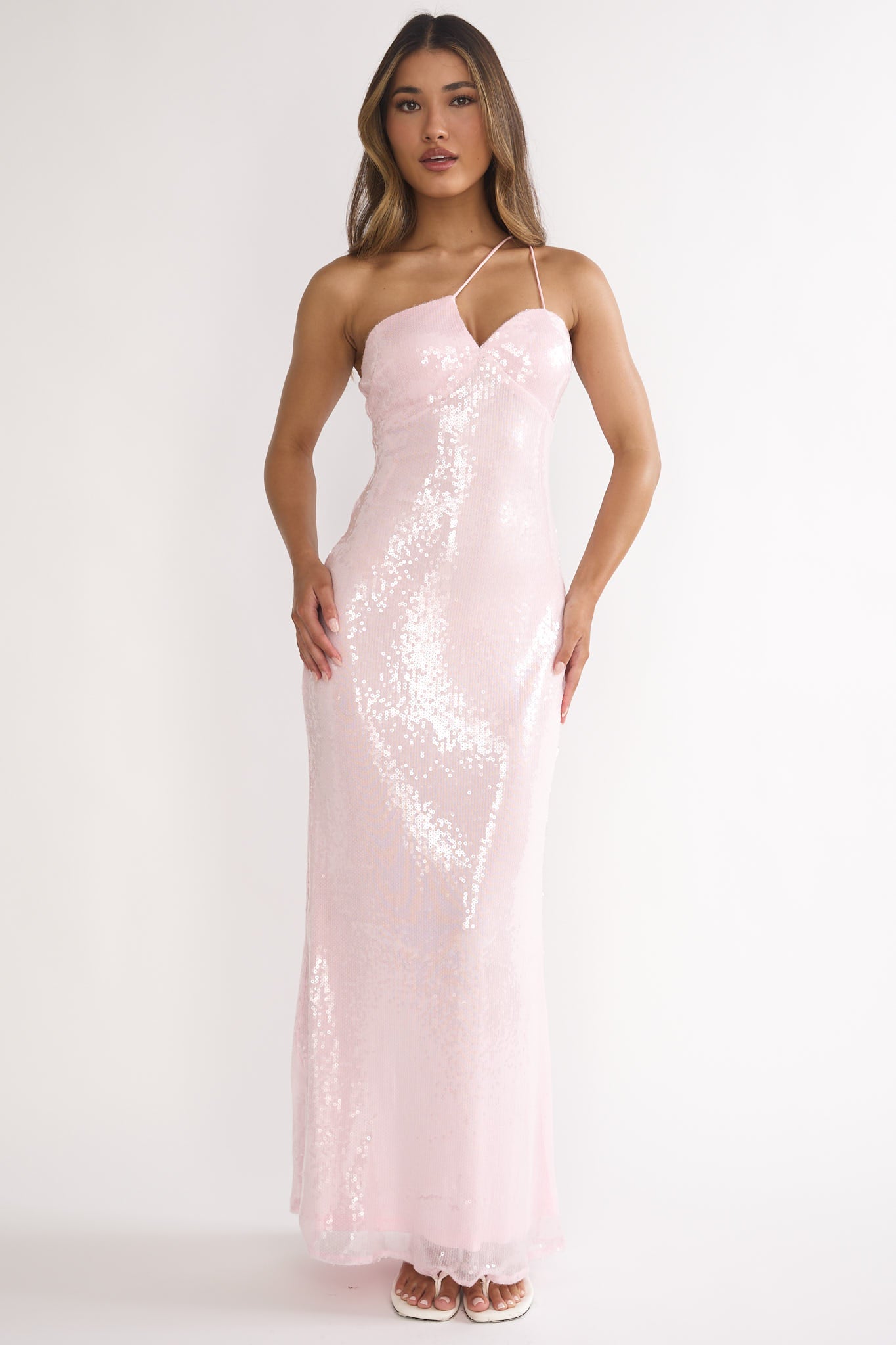 Roselyn One-Shoulder Sequin Maxi Dress Pink-Maymioy