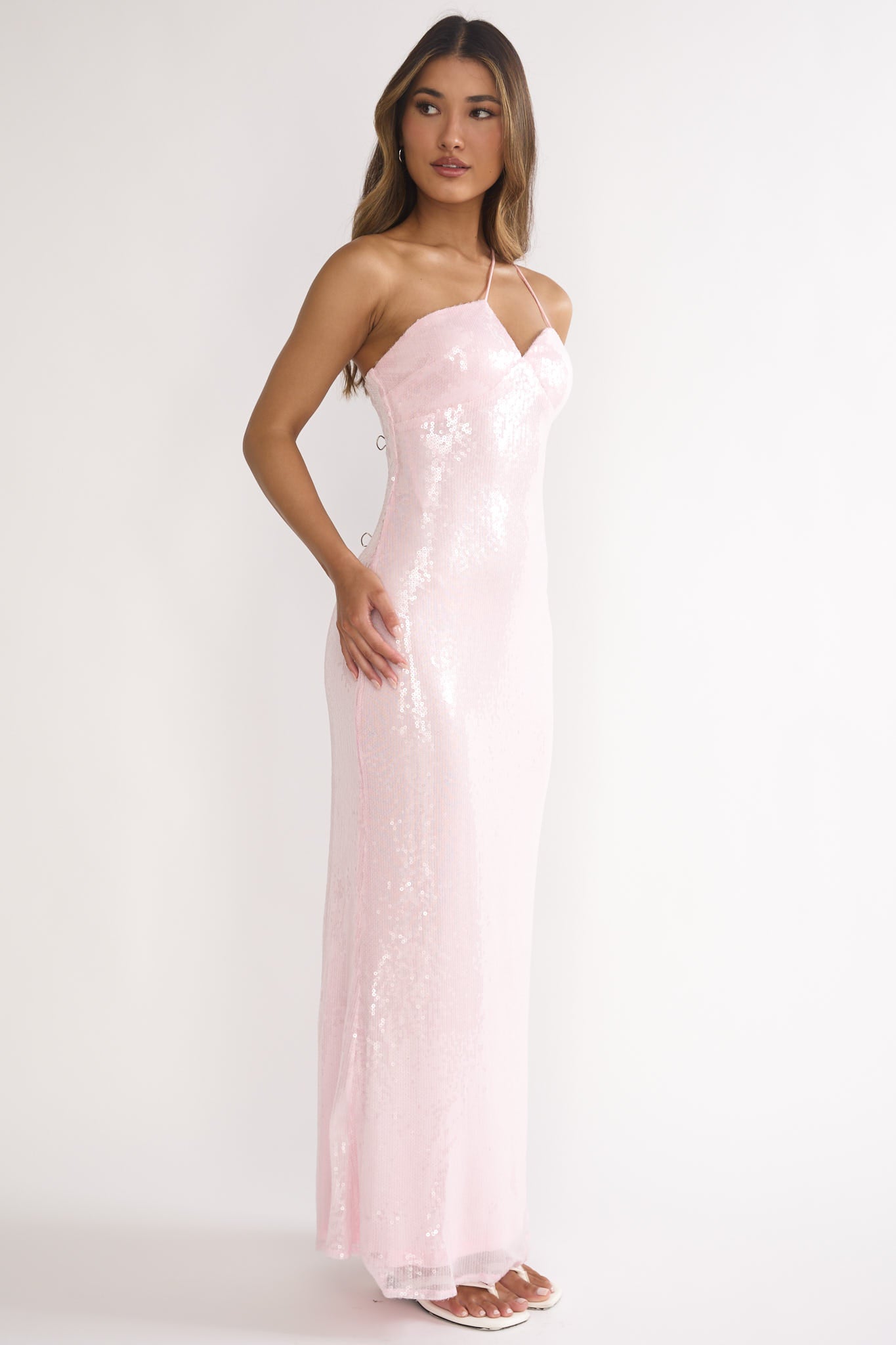 Roselyn One-Shoulder Sequin Maxi Dress Pink-Maymioy