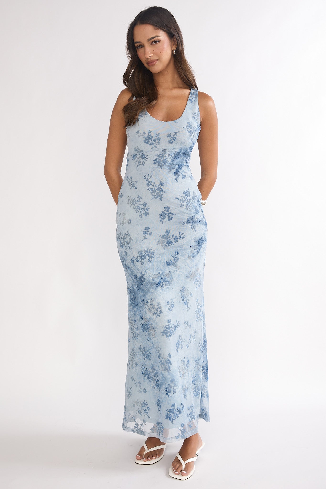 Elowra Mesh Maxi Dress Floral Blue-Maymioy