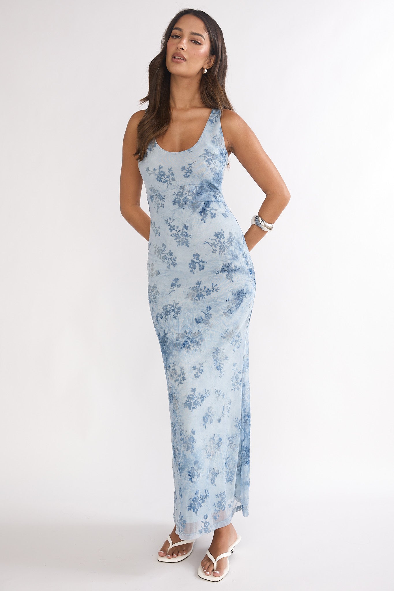 Elowra Mesh Maxi Dress Floral Blue-Maymioy