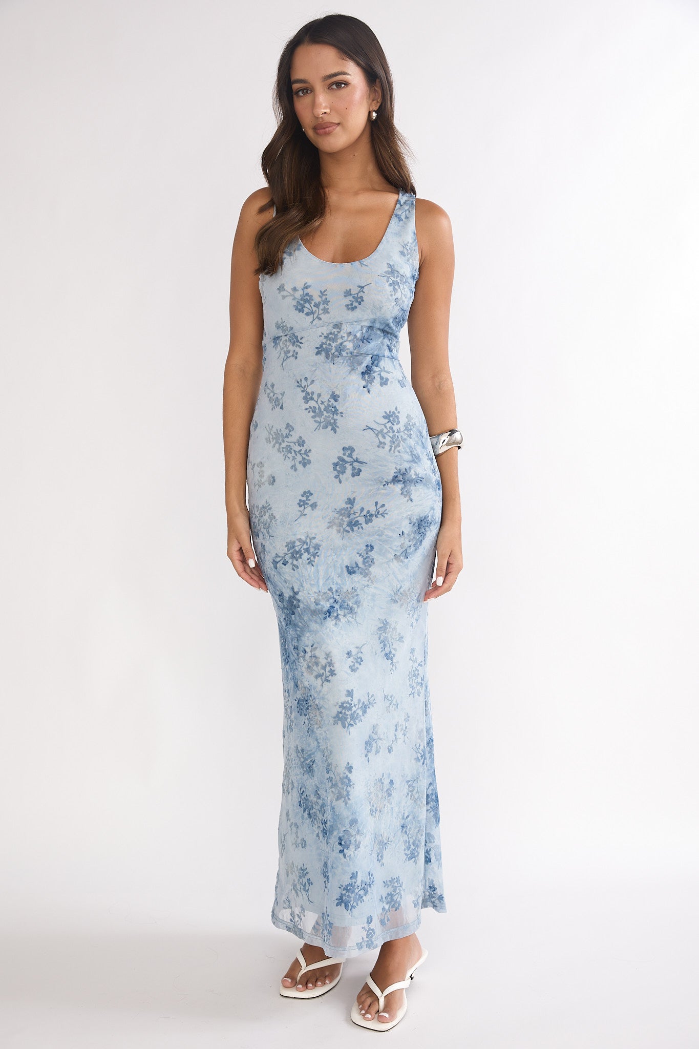 Elowra Mesh Maxi Dress Floral Blue-Maymioy