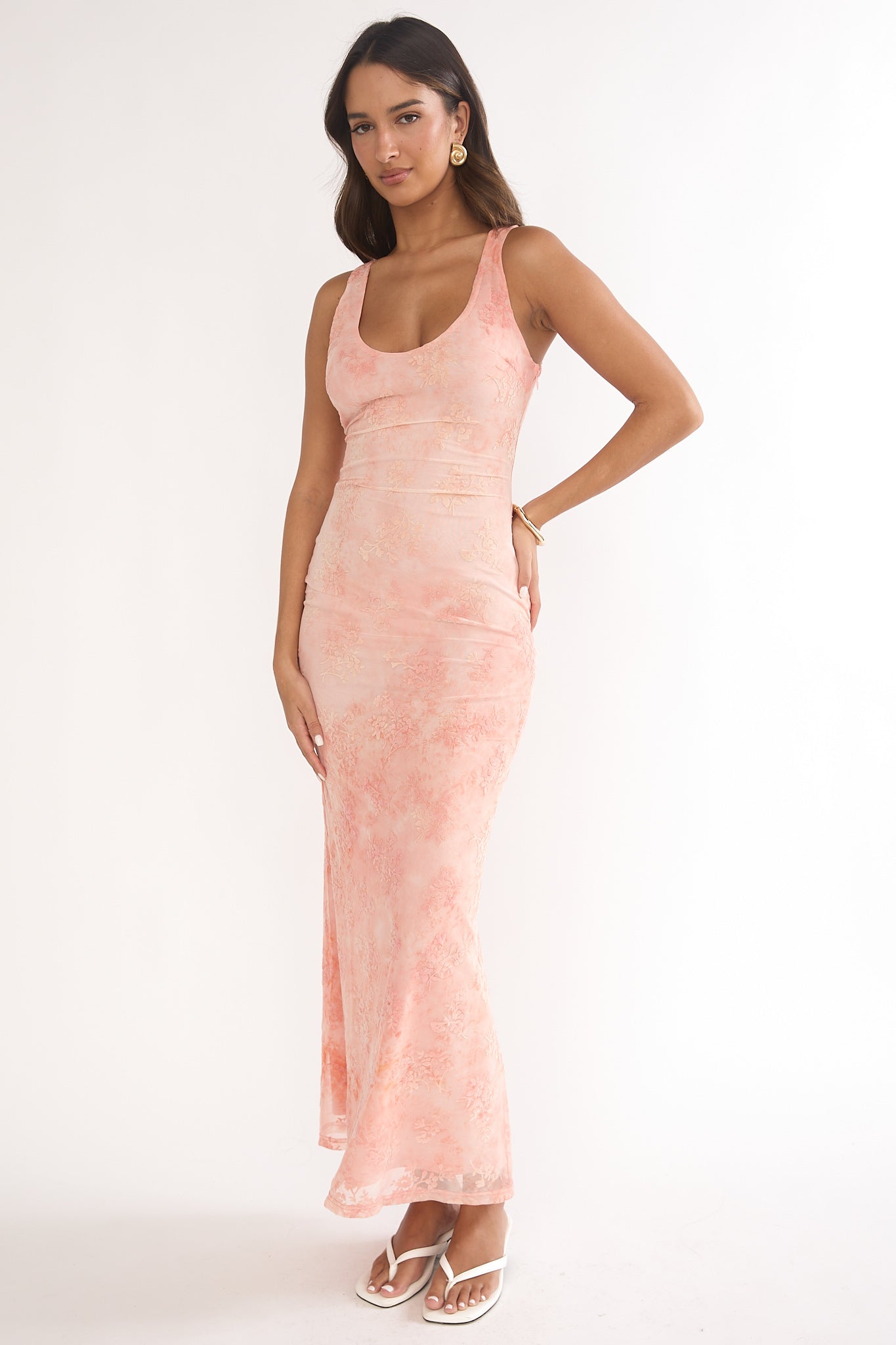 Elowra Mesh Maxi Dress Floral Pink-Maymioy
