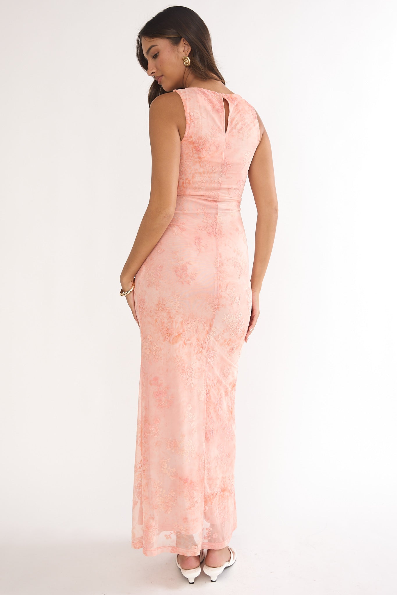 Elowra Mesh Maxi Dress Floral Pink-Maymioy