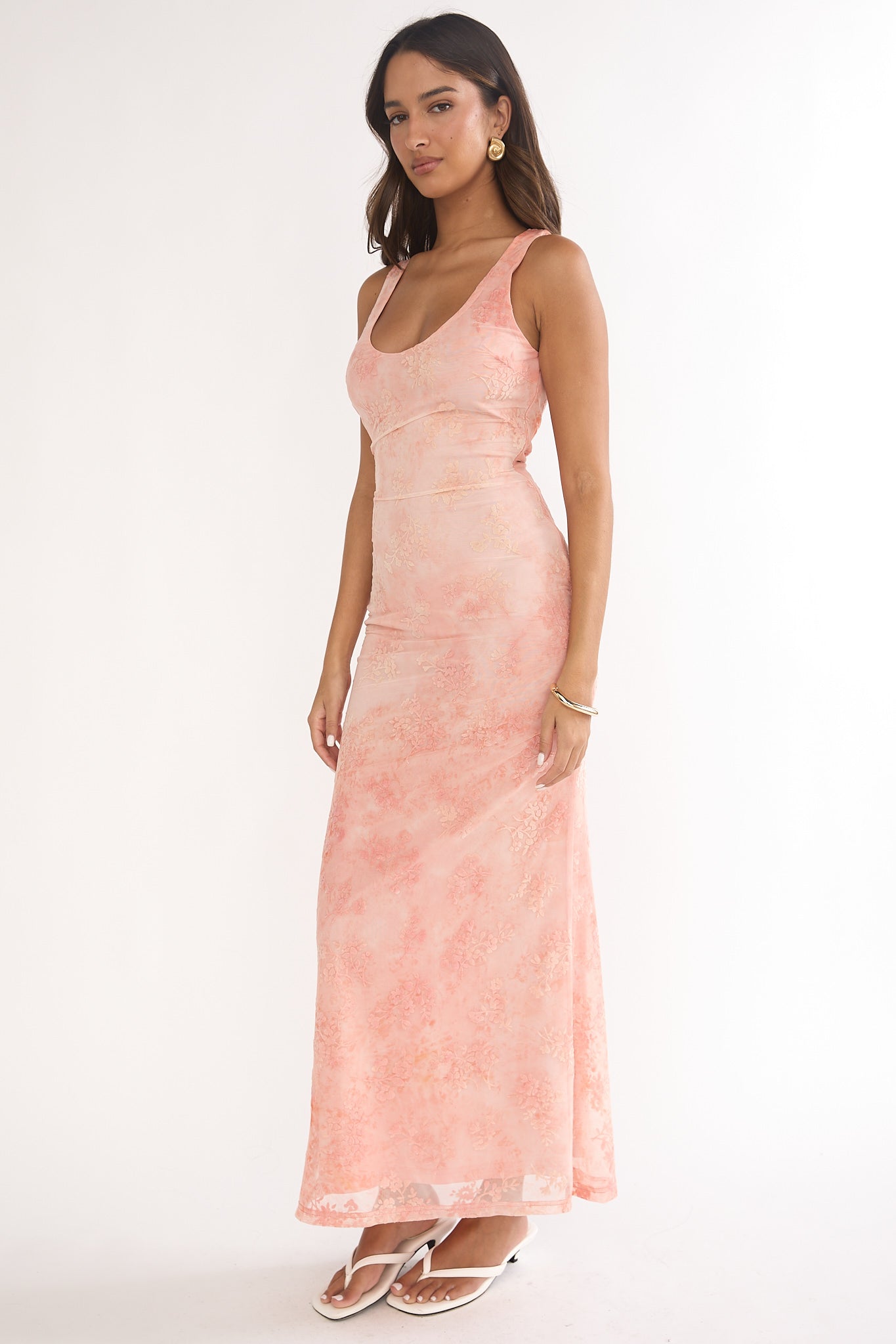 Elowra Mesh Maxi Dress Floral Pink-Maymioy