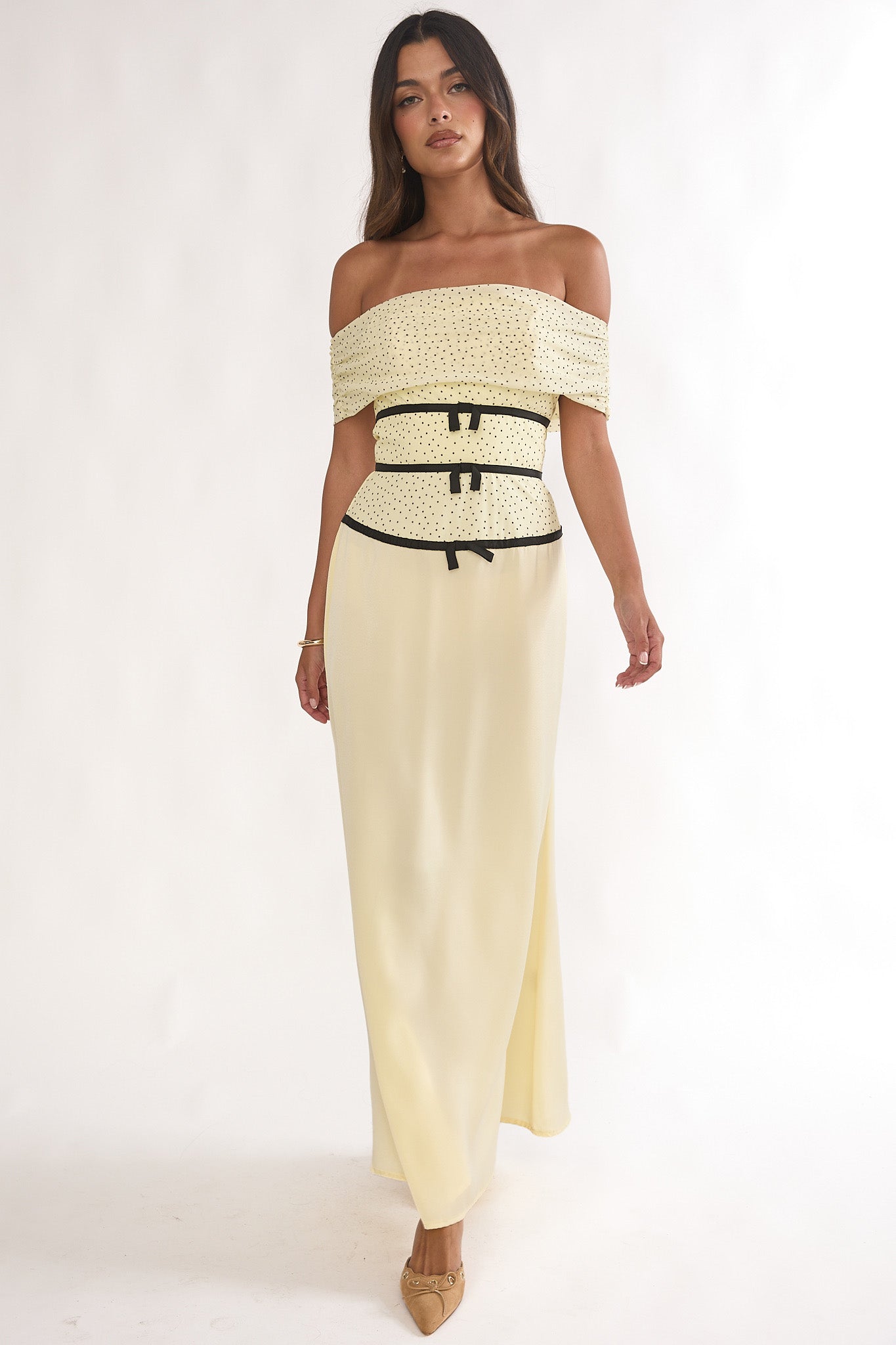 Begonias Off-Shoulder Bow Maxi Dress Spotted Lemon-Maymioy