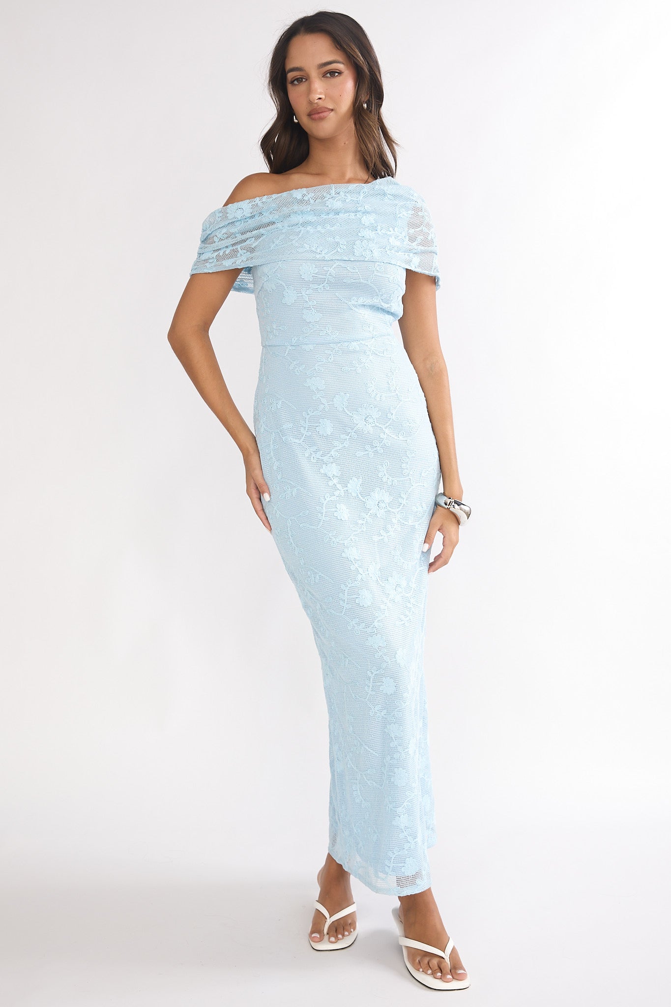 Elita Asymmetric Neckline Lace Maxi Dress Blue-Maymioy