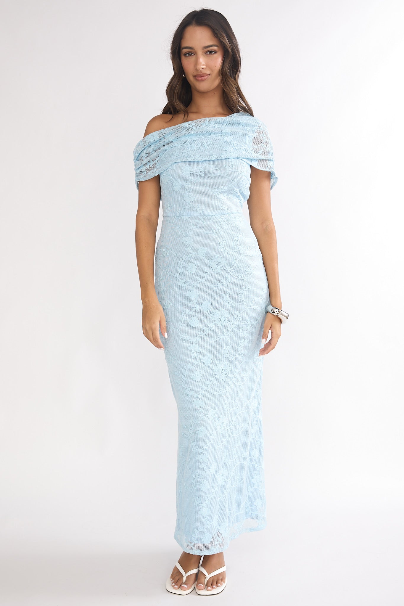 Elita Asymmetric Neckline Lace Maxi Dress Blue-Maymioy