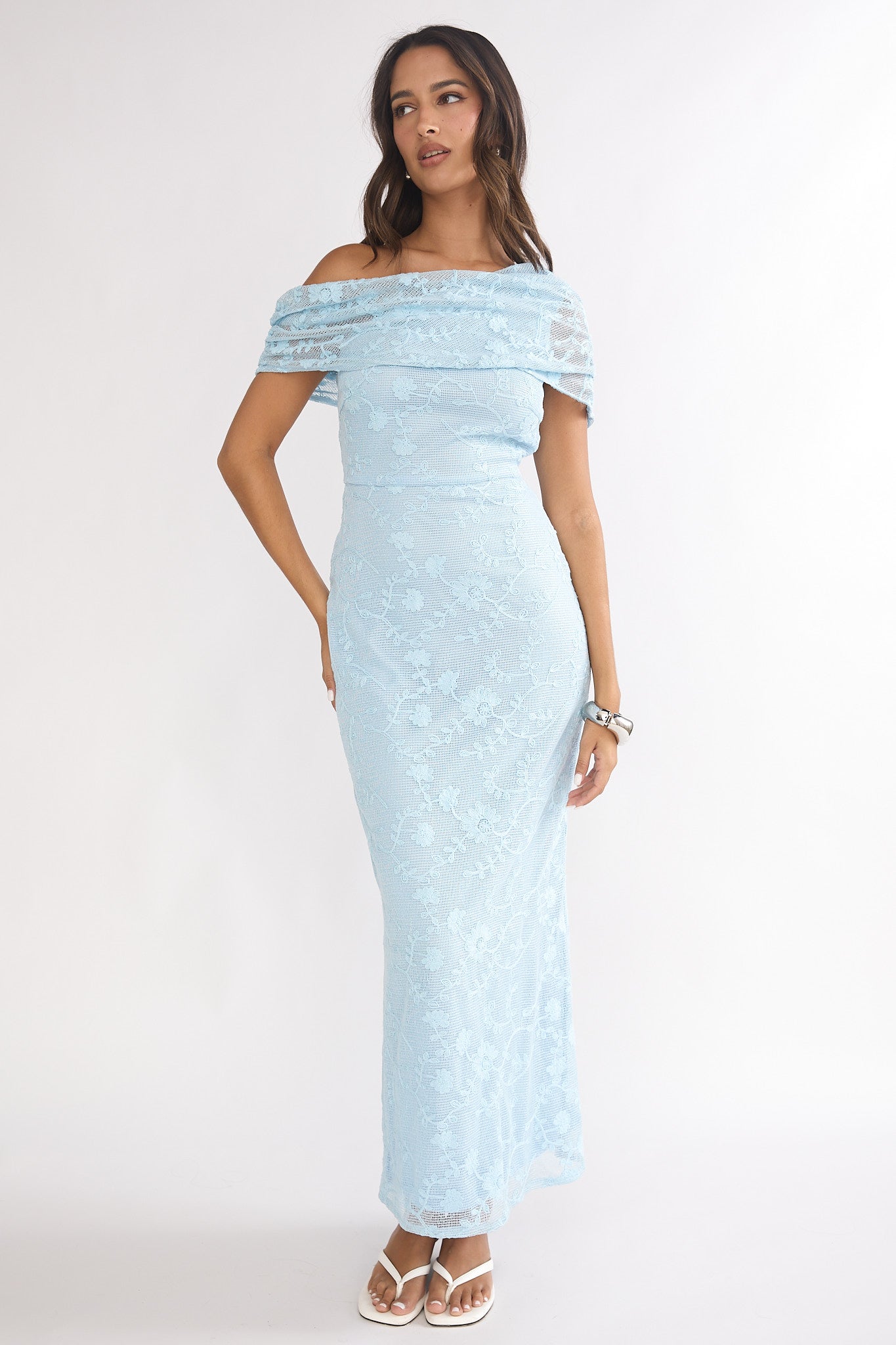 Elita Asymmetric Neckline Lace Maxi Dress Blue-Maymioy