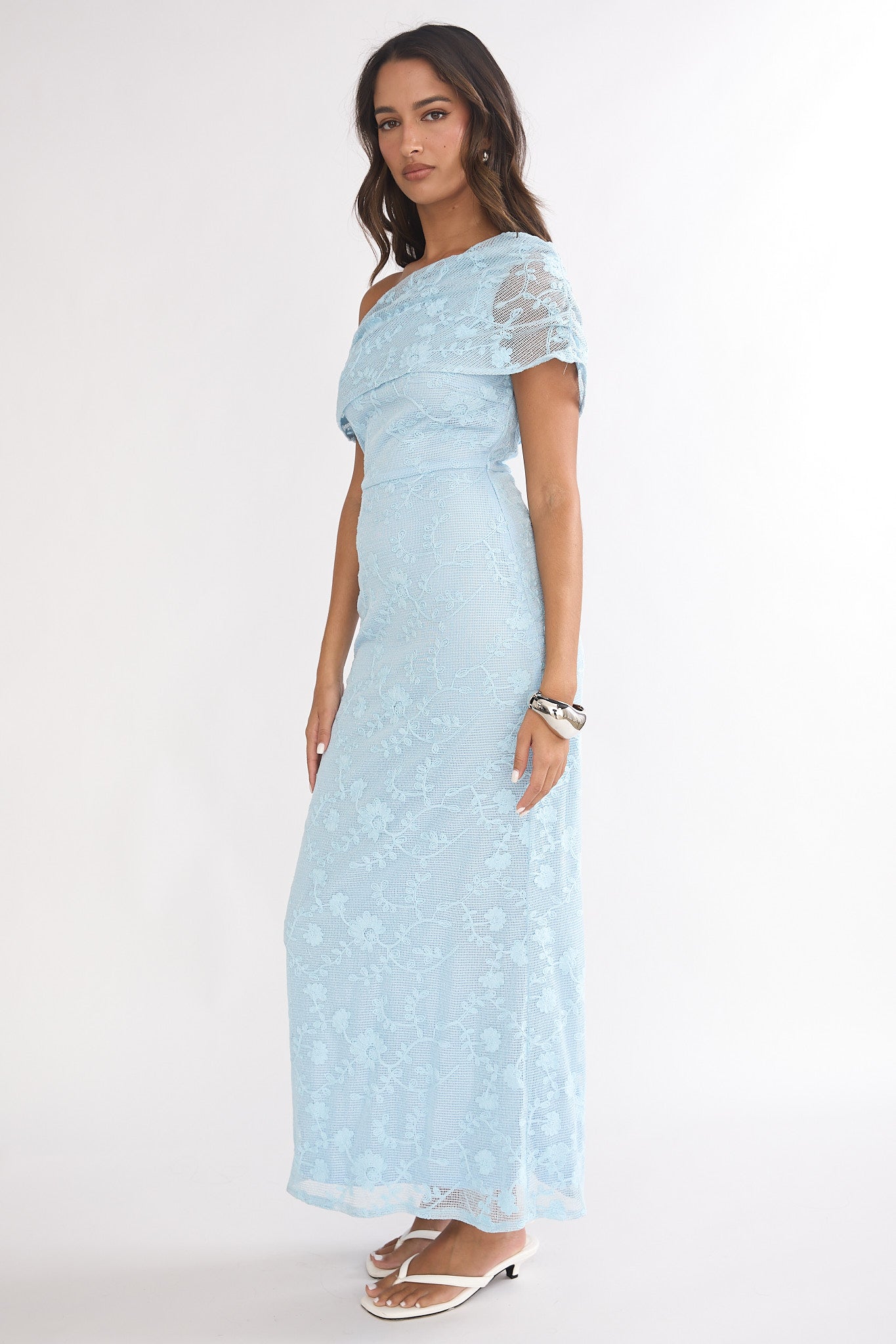 Elita Asymmetric Neckline Lace Maxi Dress Blue-Maymioy