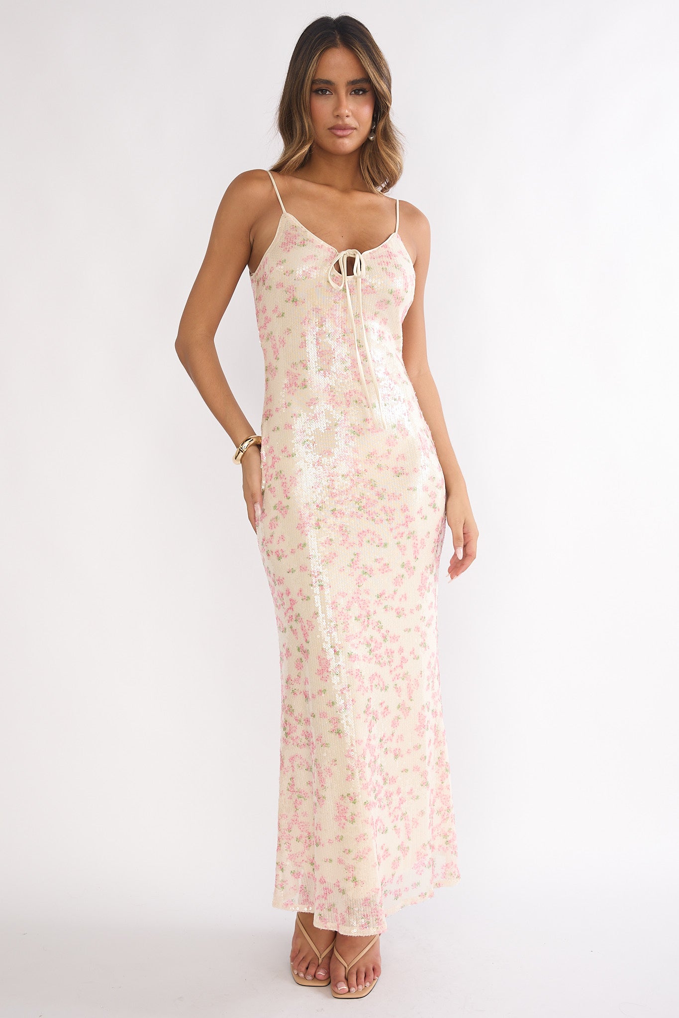 Marielle Bust Tie Sequin Maxi Dress Floral Pink Sage-Maymioy
