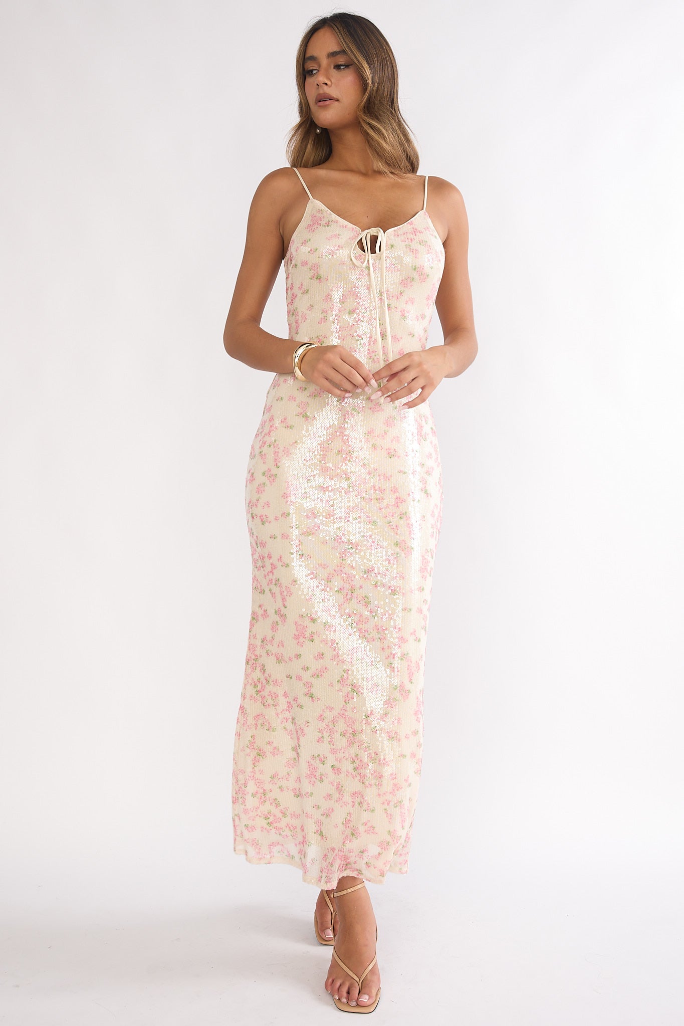 Marielle Bust Tie Sequin Maxi Dress Floral Pink Sage-Maymioy