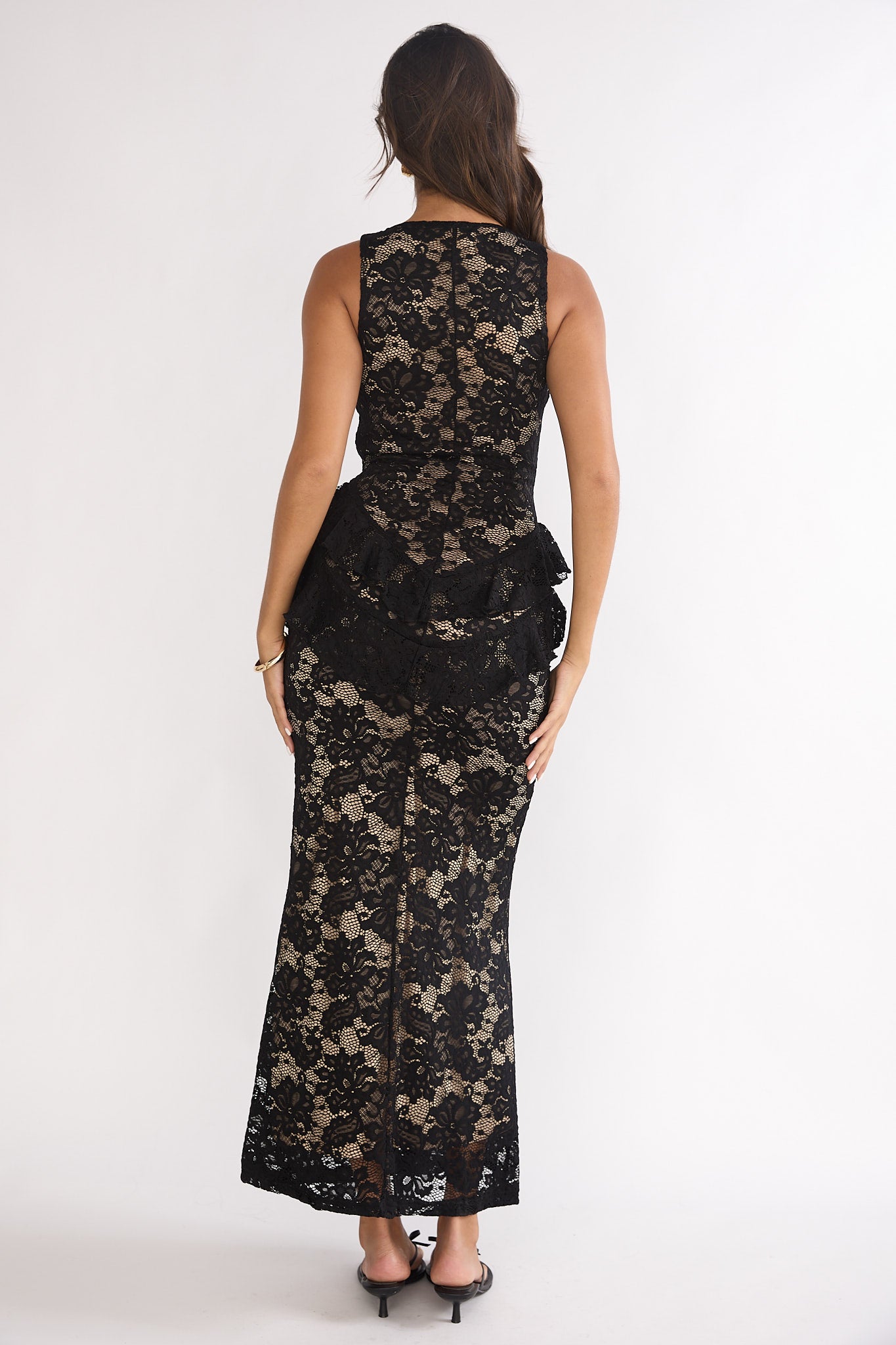 Serenella Peplum Lace Maxi Dress Black-Maymioy