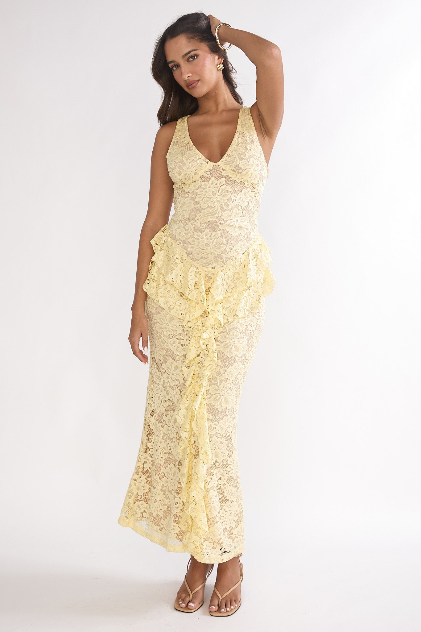 Serenella Peplum Lace Maxi Dress Butter-Maymioy