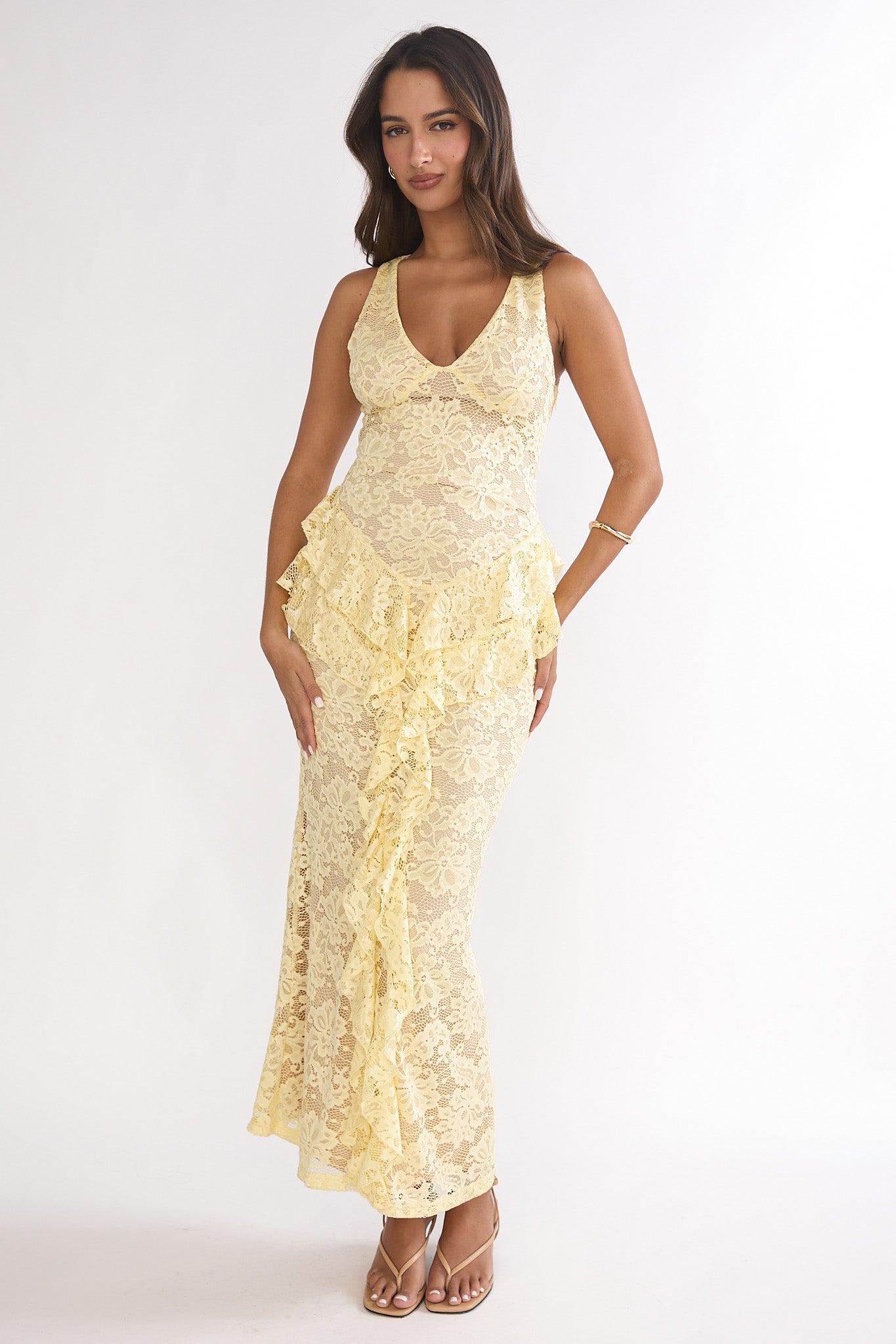 Serenella Peplum Lace Maxi Dress Butter-Maymioy