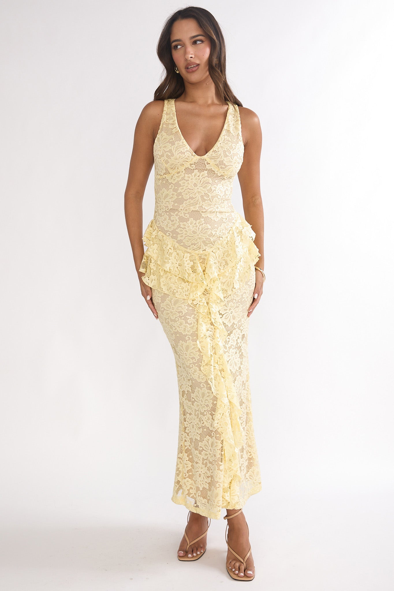 Serenella Peplum Lace Maxi Dress Butter-Maymioy