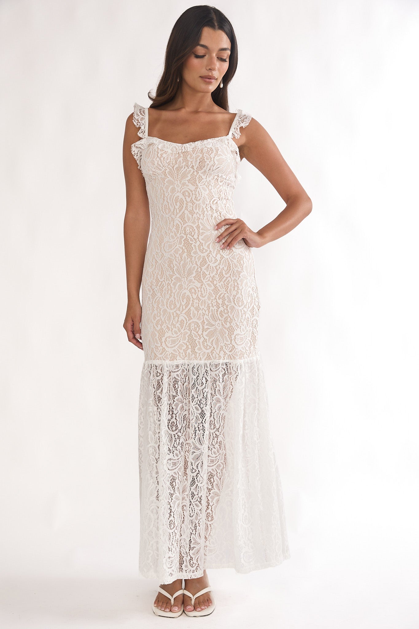 Noraya Lace Overlay Maxi Dress White-Maymioy
