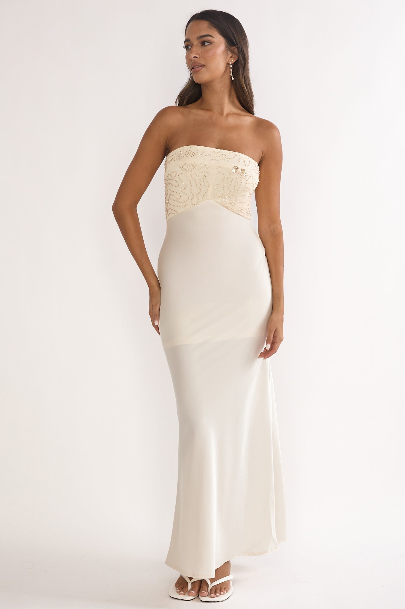 At Dusk Beaded Bust Strapless Maxi Dress Oyster-Maymioy