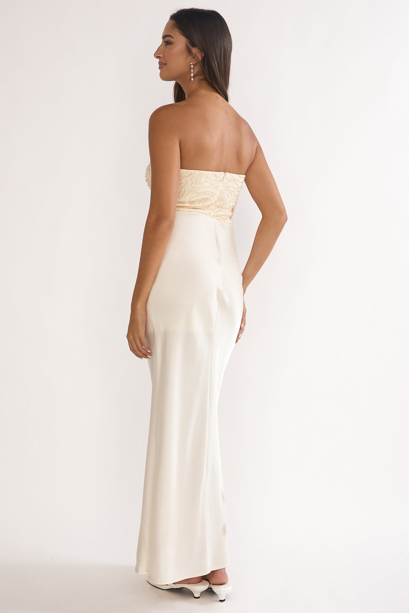 At Dusk Beaded Bust Strapless Maxi Dress Oyster-Maymioy