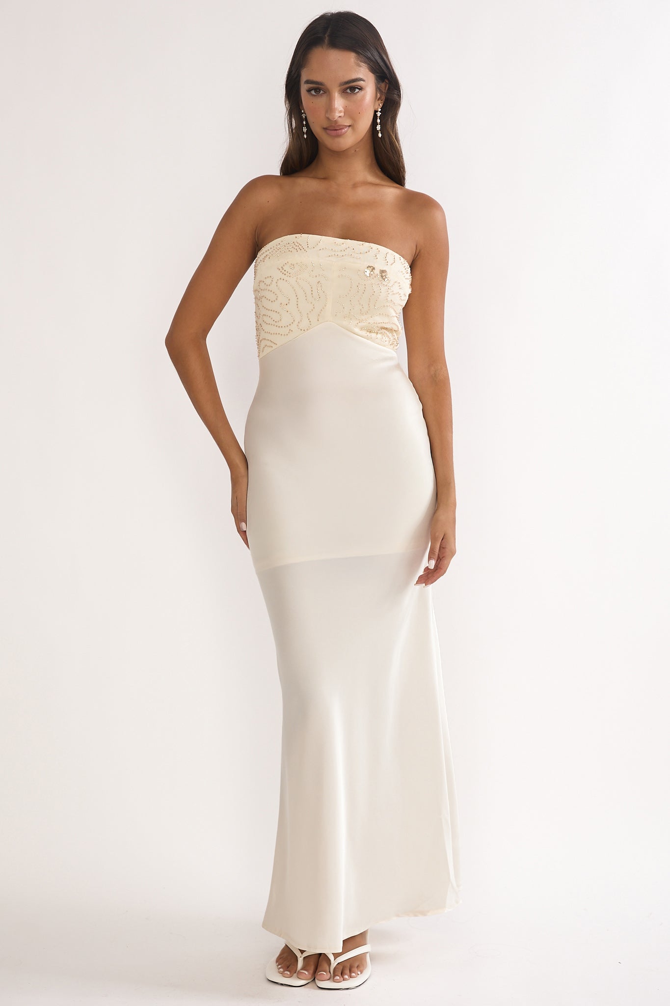 At Dusk Beaded Bust Strapless Maxi Dress Oyster-Maymioy